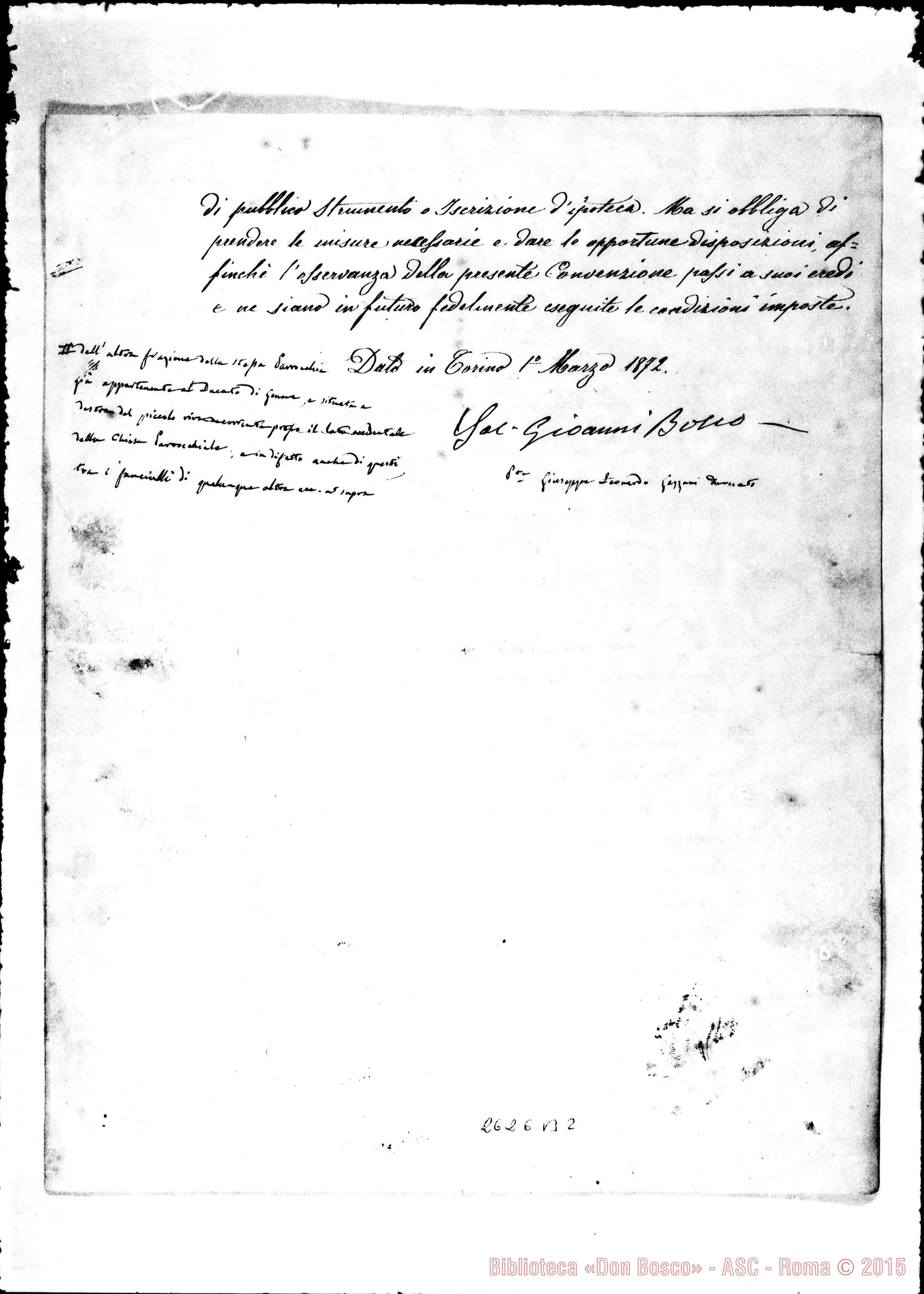 Fotogramma B 2 — Garzani, Avv.: Costituzione di un posto gratuito. Torino, 1-03-1872. Autogr. Bosco