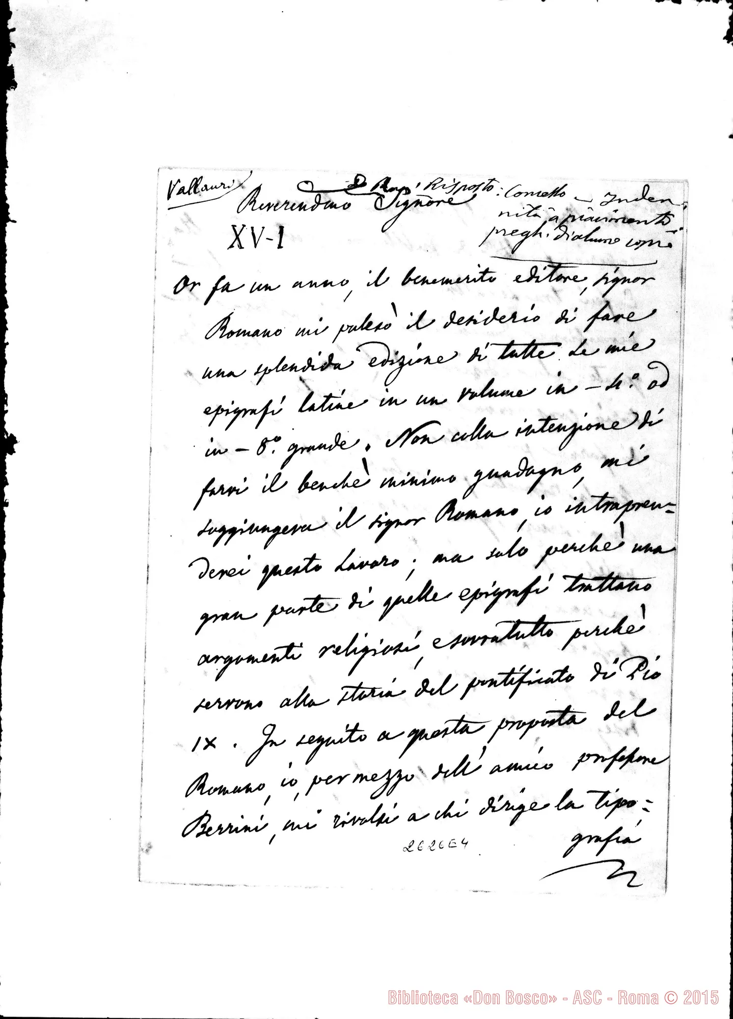 Fotogramma E 4 — Vallauri - Rev.do Signore: Per edizione di libro. 7-06-1879. Autogr. Bosco