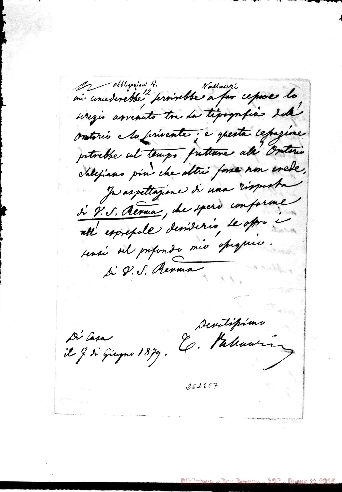 Fotogramma E 7 — Vallauri - Rev.do Signore: Per edizione di libro. 7-06-1879. Autogr. Bosco