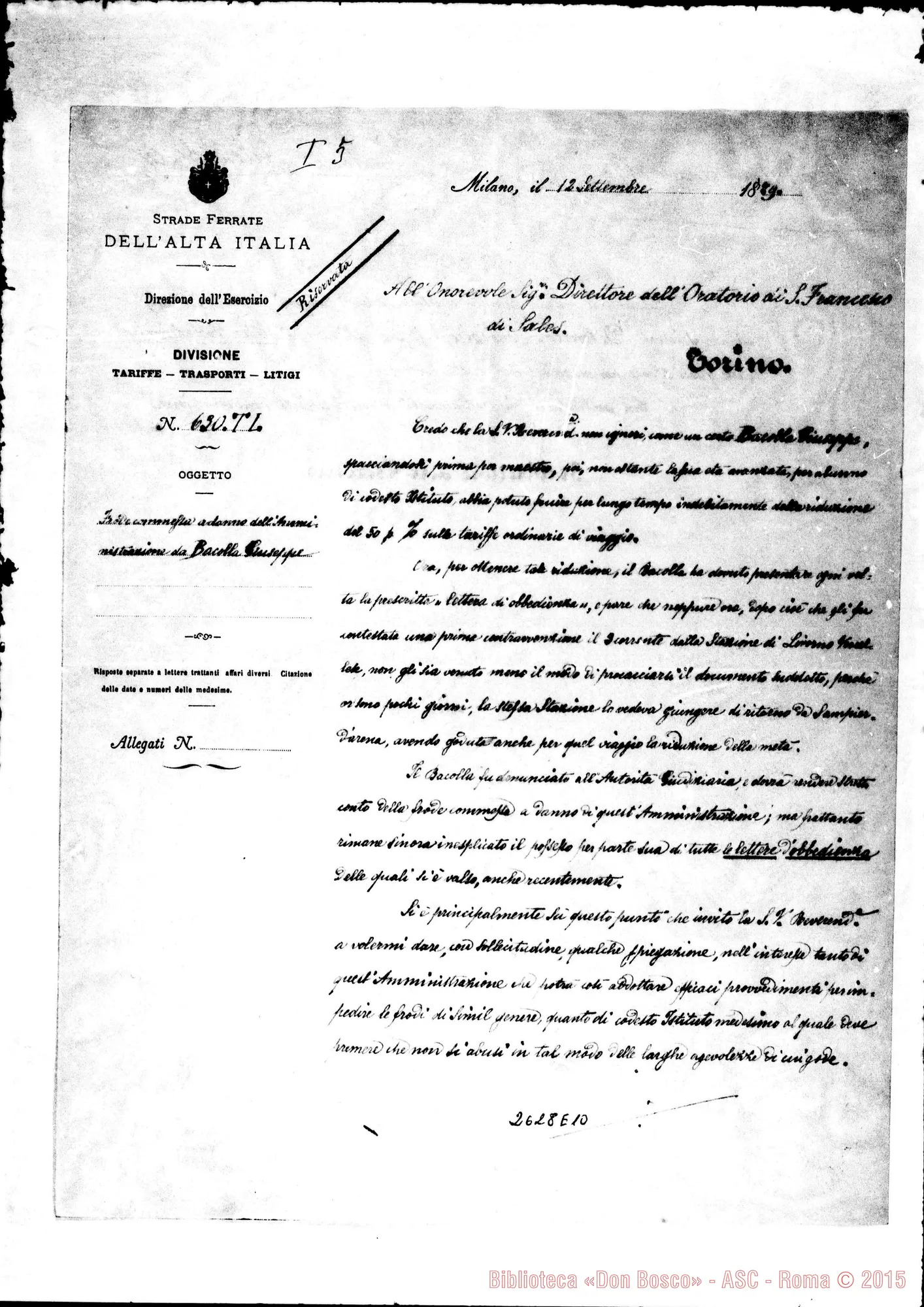 Fotogramma E 10 — 1879: 12-09 Ferrovie Alta Italia: Direzione Generale deirEsercizio - D. Bosco