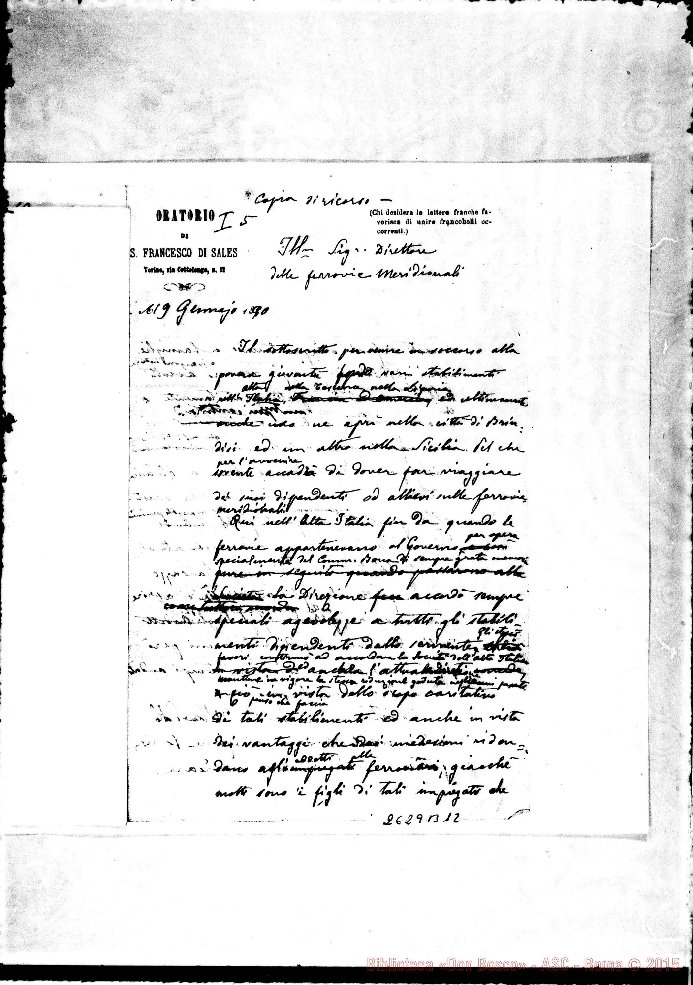 Fotogramma B 12 — 19-01 A Dirett. delle Ferrovie Meridionali: Minuta ms. autogr. Rua con autografi Bosco