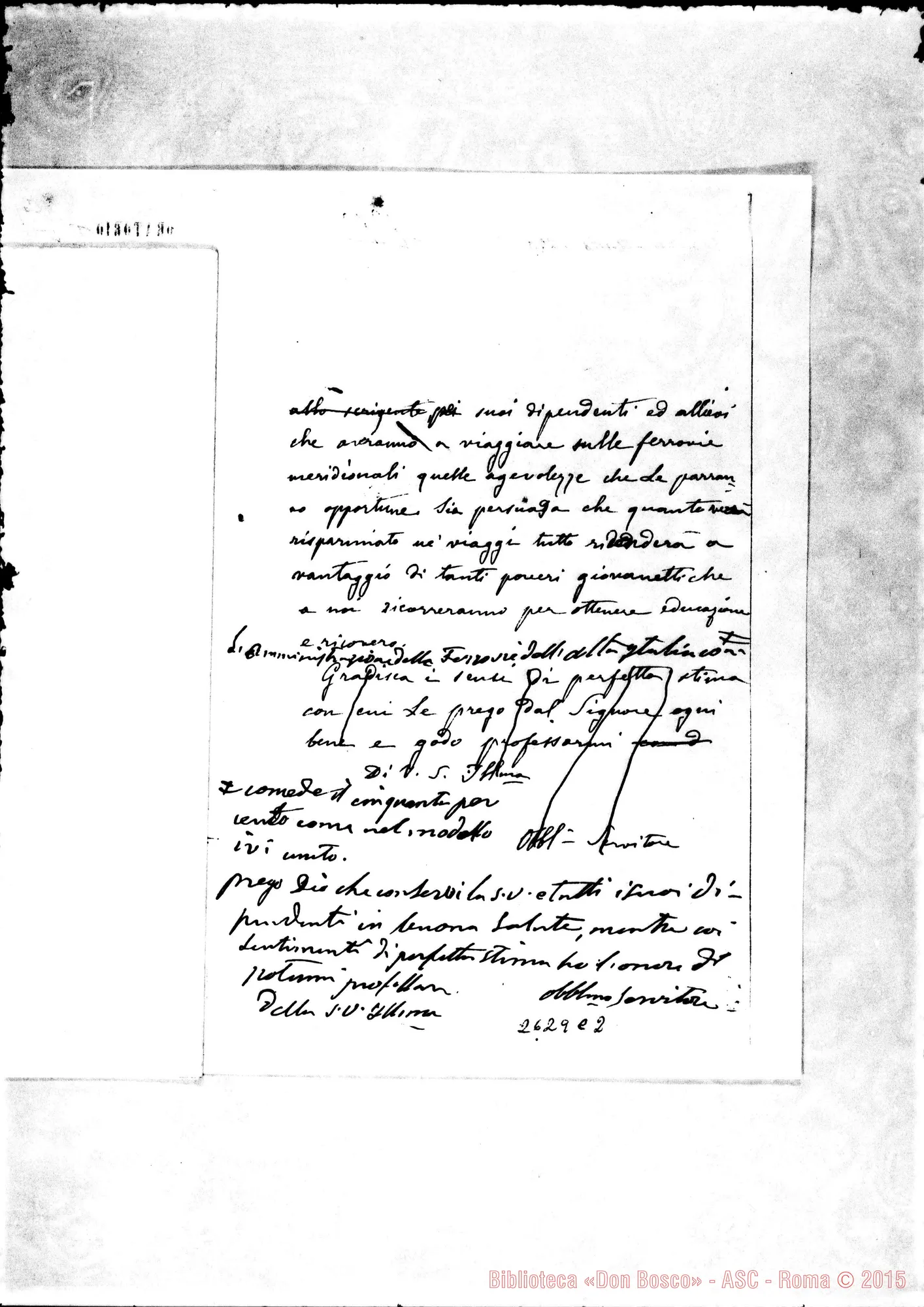 Fotogramma C 2 — 19-01 A Dirett. delle Ferrovie Meridionali: Minuta ms. autogr. Rua con autografi Bosco
