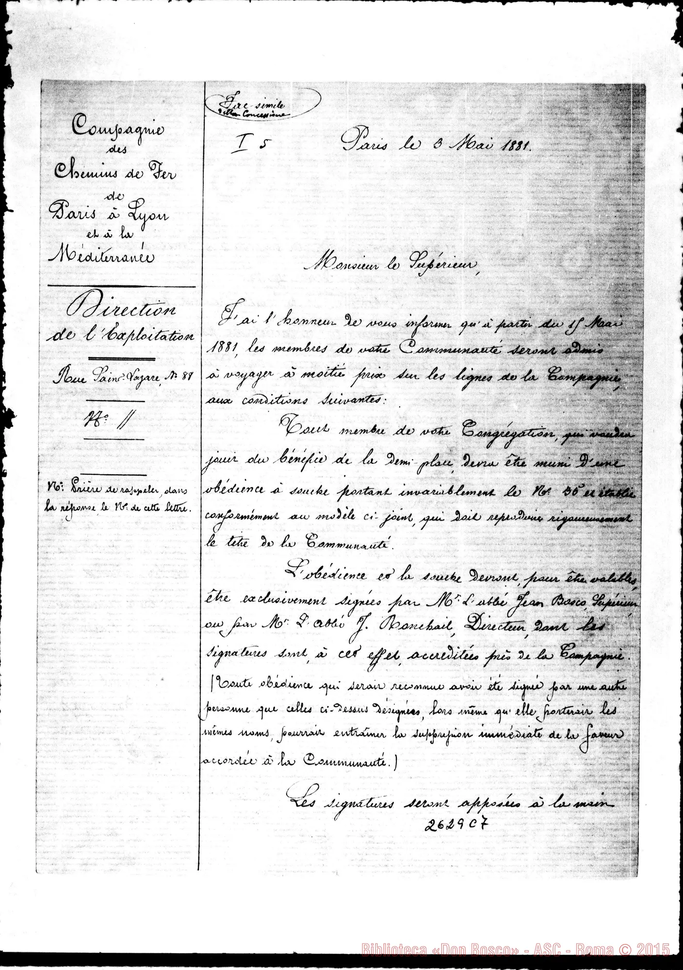 Fotogramma C 7 — 1881: 3-05 Chemins de Fer Paris-Lyon: Noblemaire - D. Bosco. Acclusa altra di D. Ronchail A D. Rua