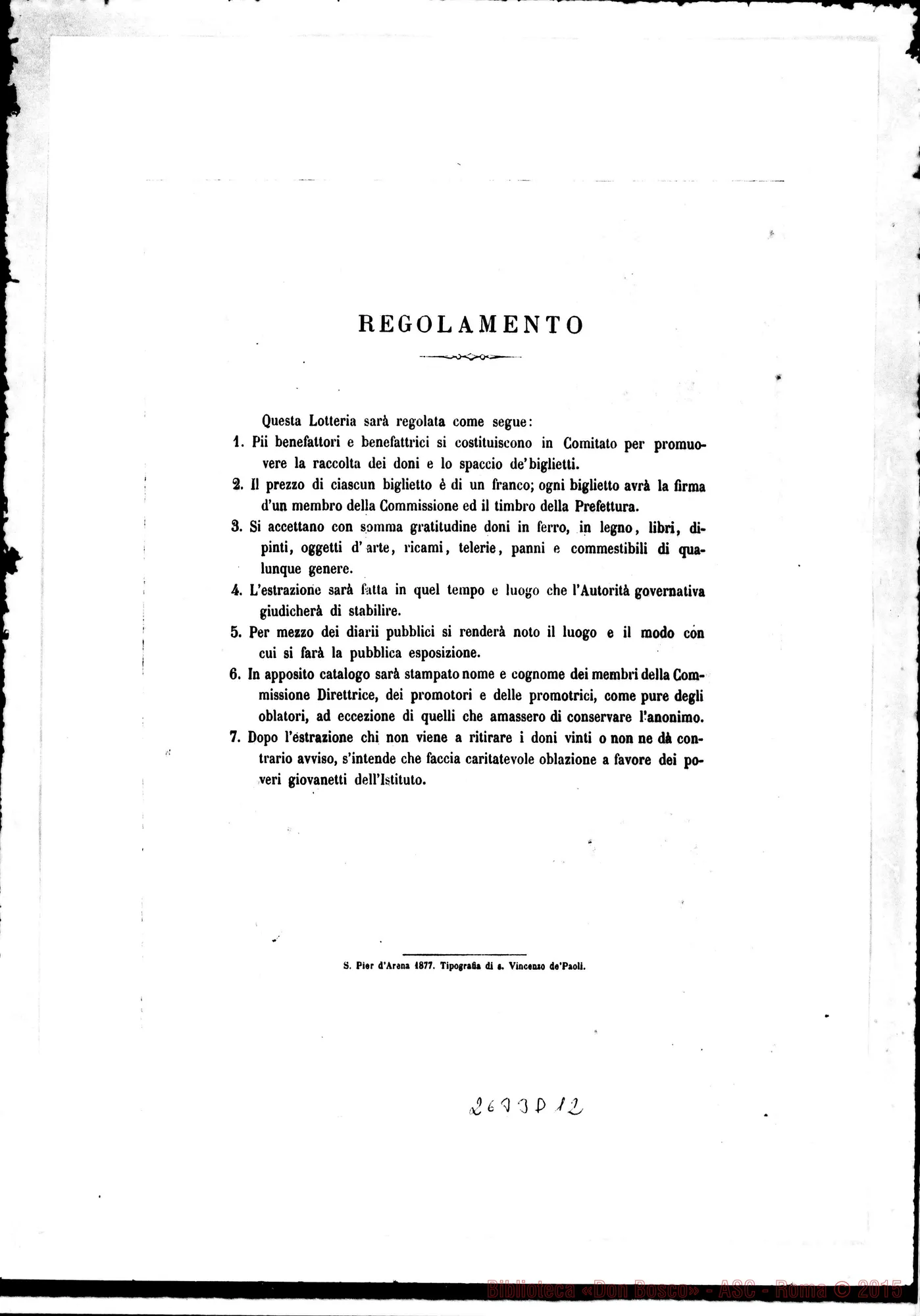 Fotogramma D 12 — Lotteria di piccoli doni. 1877. Stampato