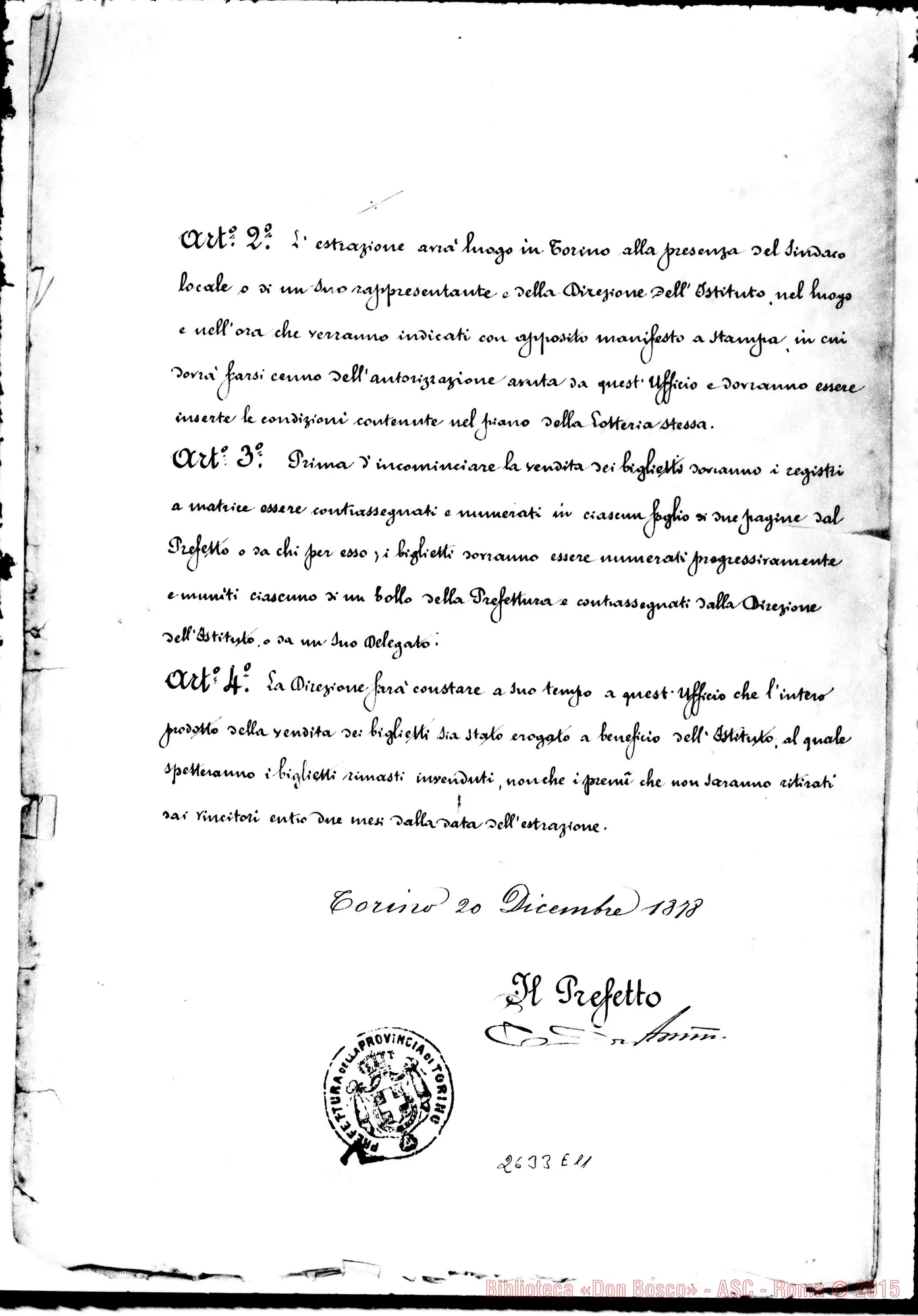Fotogramma E 11 — Prefettura di Torino… decreta. Torino, 20-12-1878