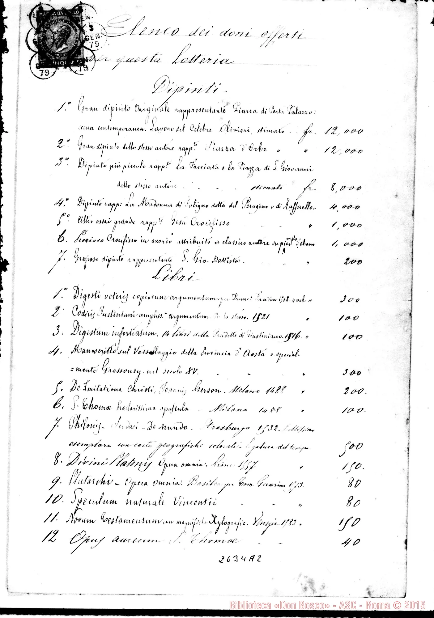 Fotogramma A 2 — Elenco dei doni. Firma autogr. Bosco. Approvazione del Prefetto, 21-12-1878