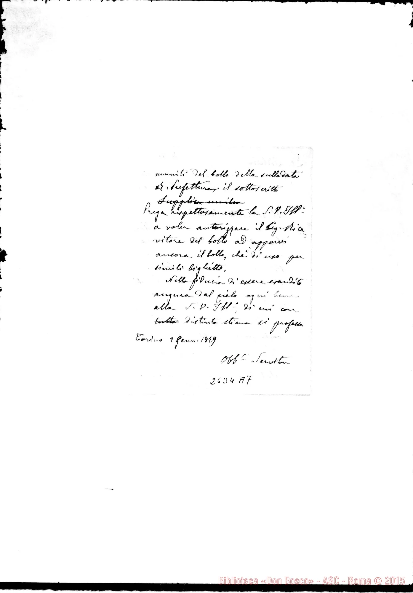 Fotogramma A 7 — All’Intendente delle Finanze: Minuta ms. autogr. Rua. Torino, 2-01-1879