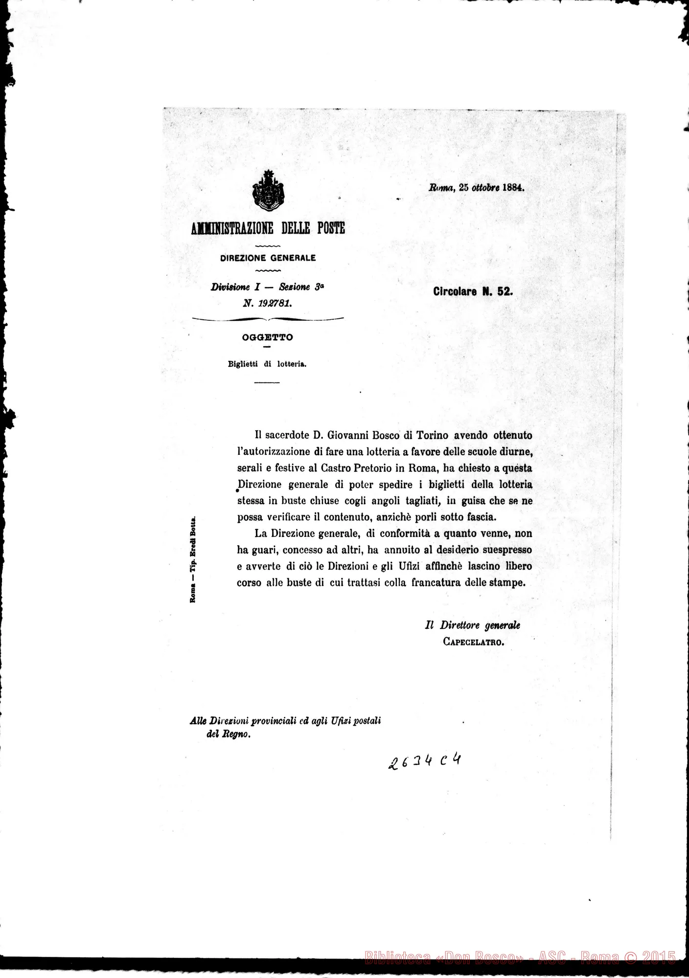 Fotogramma C 4 — Capecelatro - Direzioni Prov. E Uffici Postali. Circolare. Roma, 25-10-1884