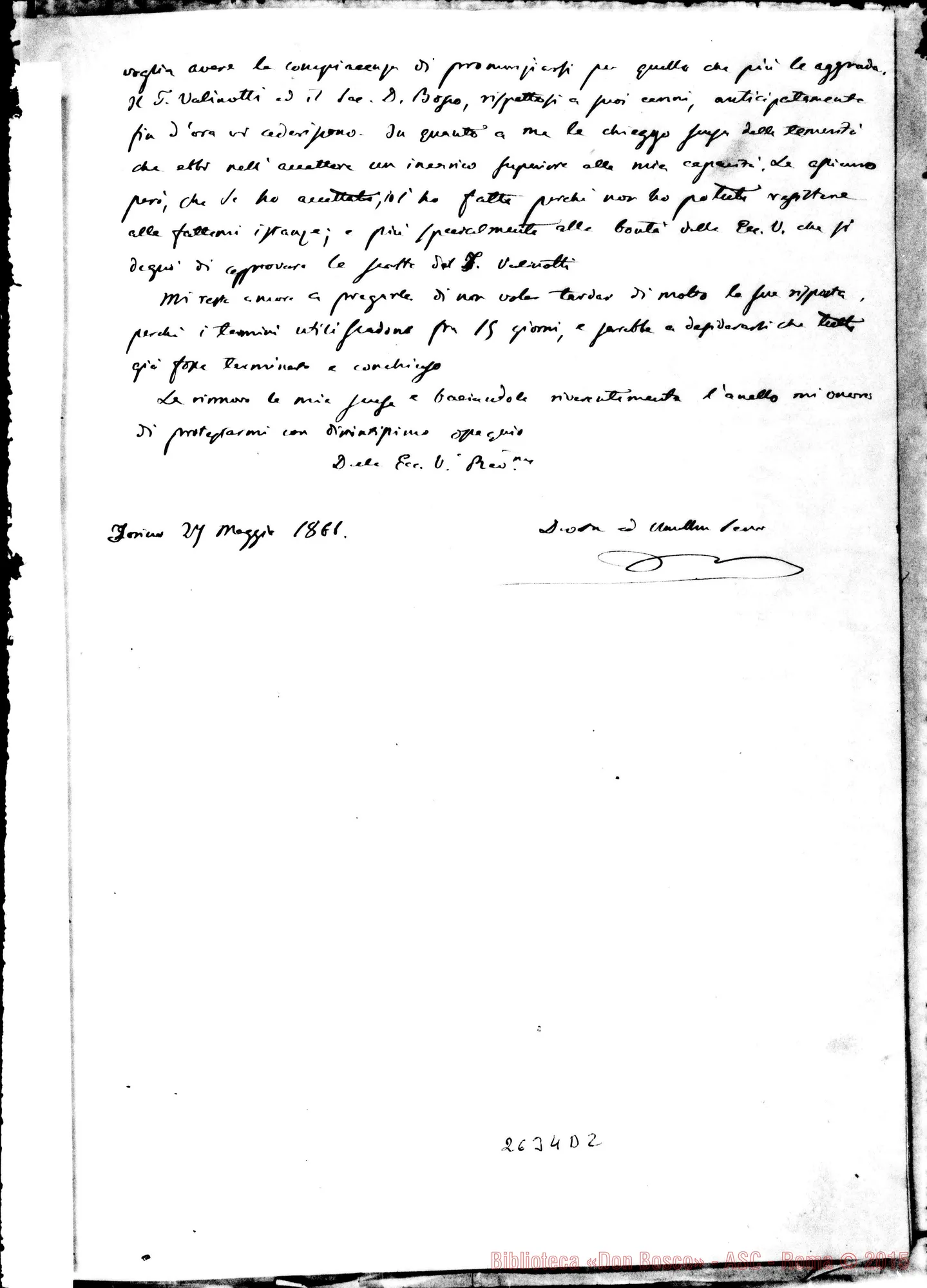 Fotogramma D 2 — Minuta di lettera A Mons. Vescovo. 27-05-1866