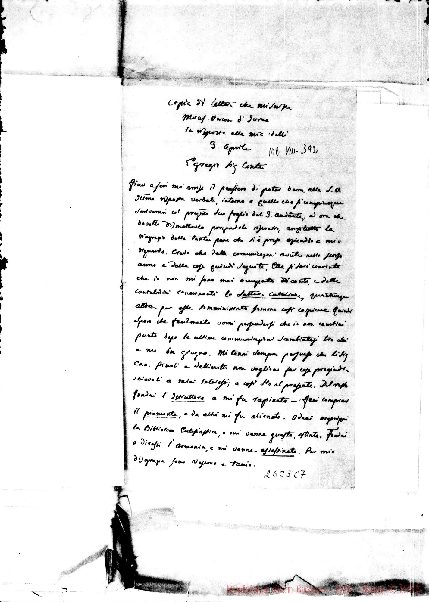 Fotogramma C 7 — Copia della lettera precedente in ms. Conte Cays