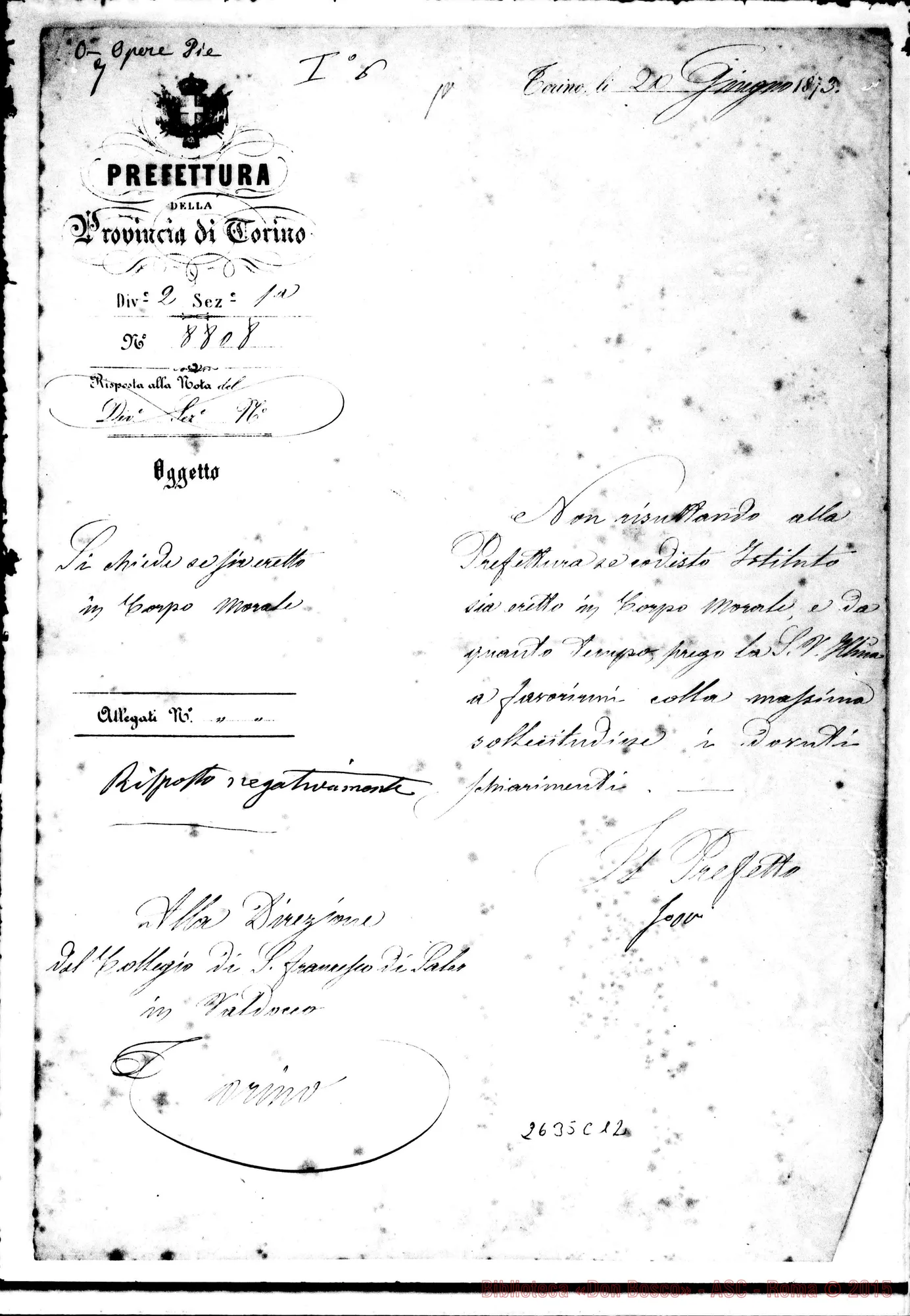 Fotogramma C 12 — 1873 Zoppi, Prefetto di Torino - Direz. dell’Oratorio. Torino, 20-06-1873. Autogr, Bosco