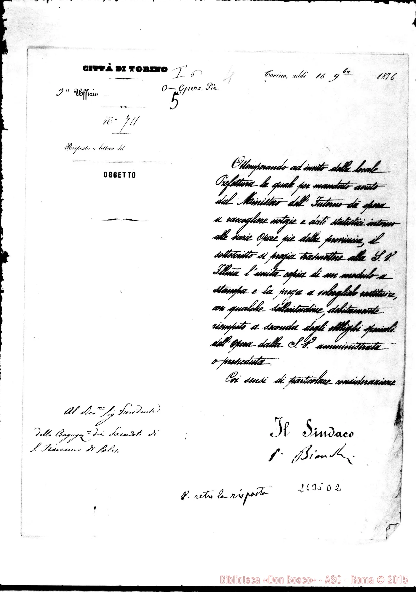 Fotogramma D 2 — 1876 Sindaco Bianchi - Congregaz. dei Salesiani. Torino, 16-11-1876. Acci, risposta ms.