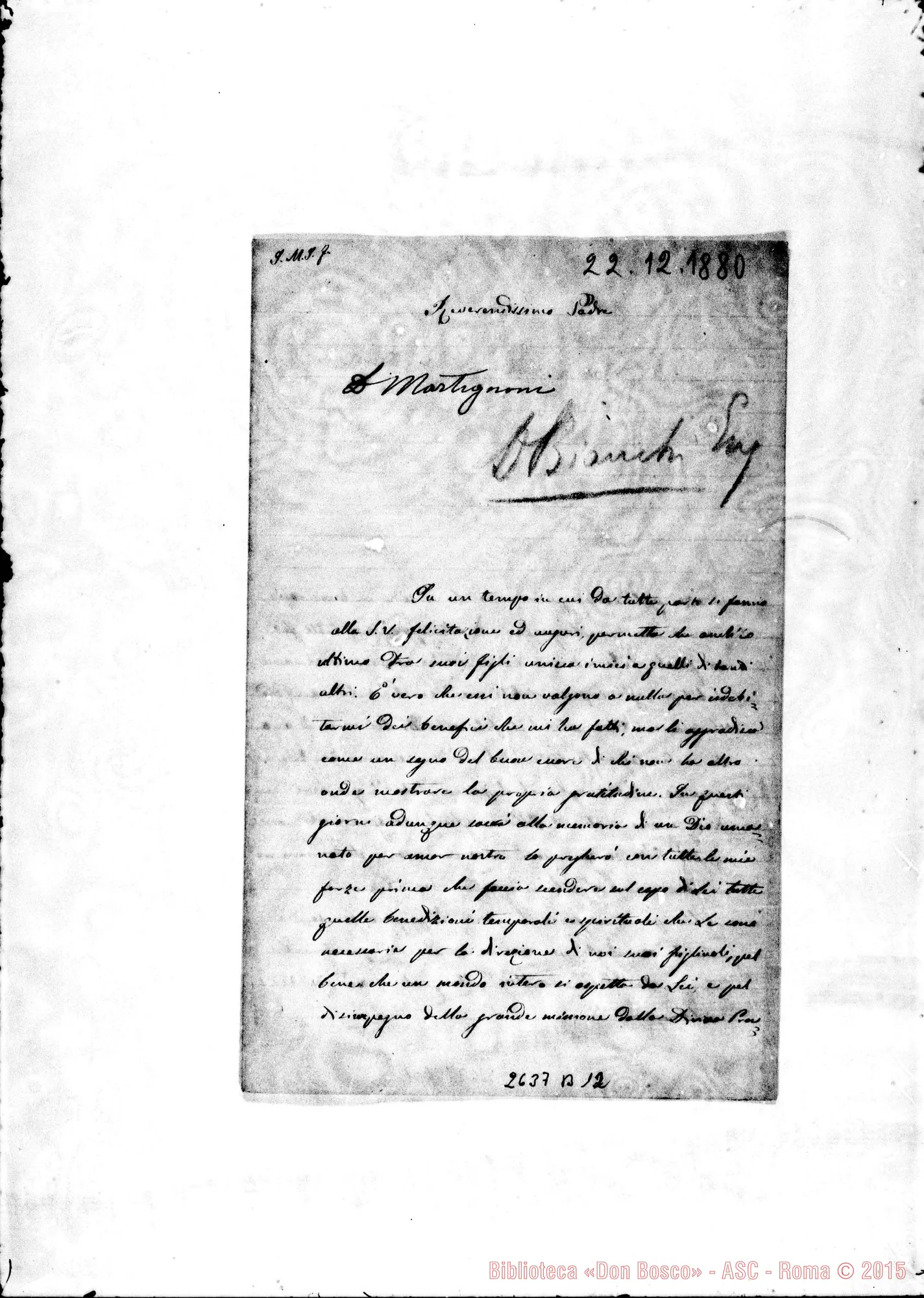 Fotogramma B 12 — Bianchi Eugenio, sac.. S.Benigno, 22-12-1880. Autogr. Bosco