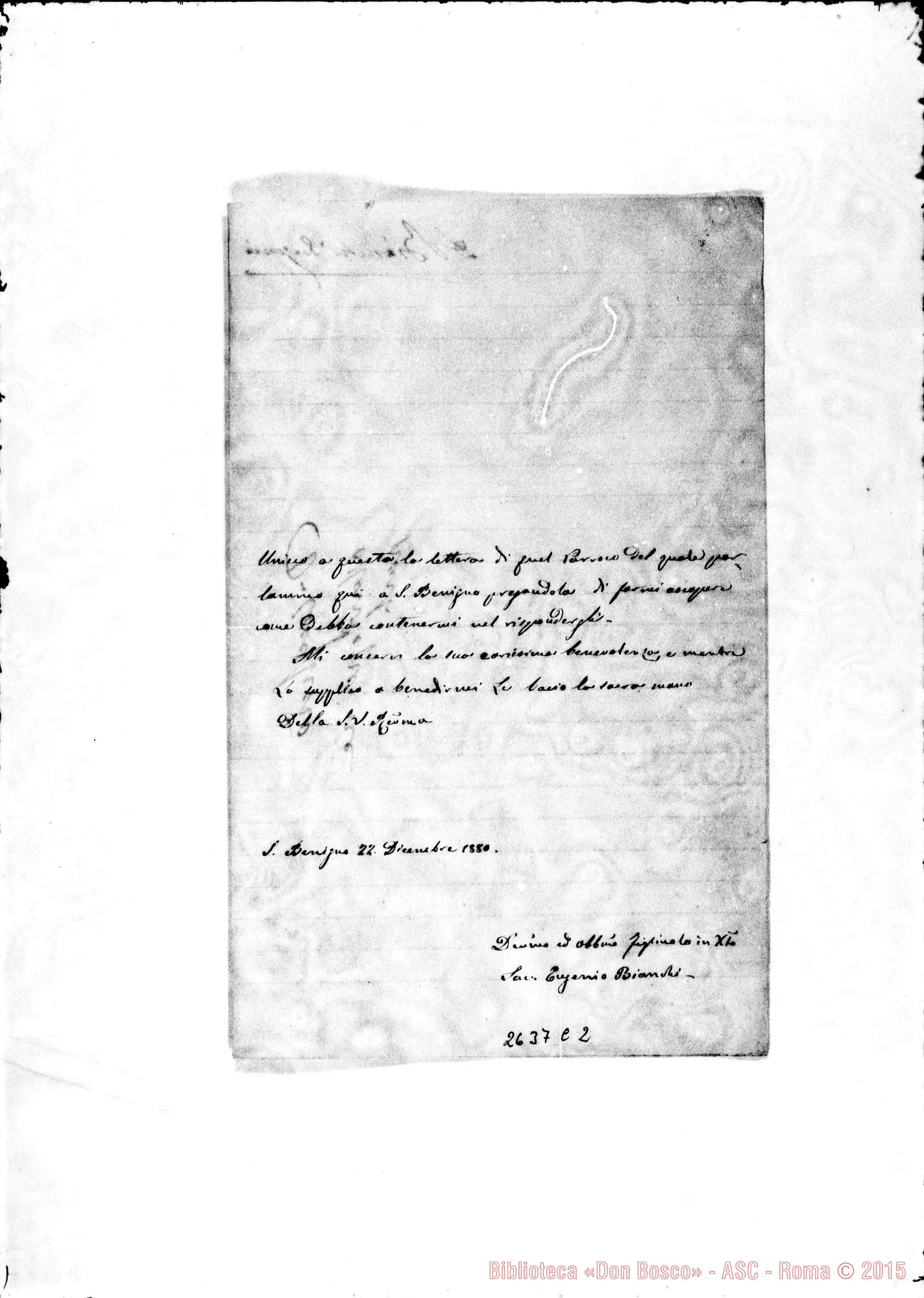 Fotogramma C 2 — Bianchi Eugenio, sac.. S.Benigno, 22-12-1880. Autogr. Bosco