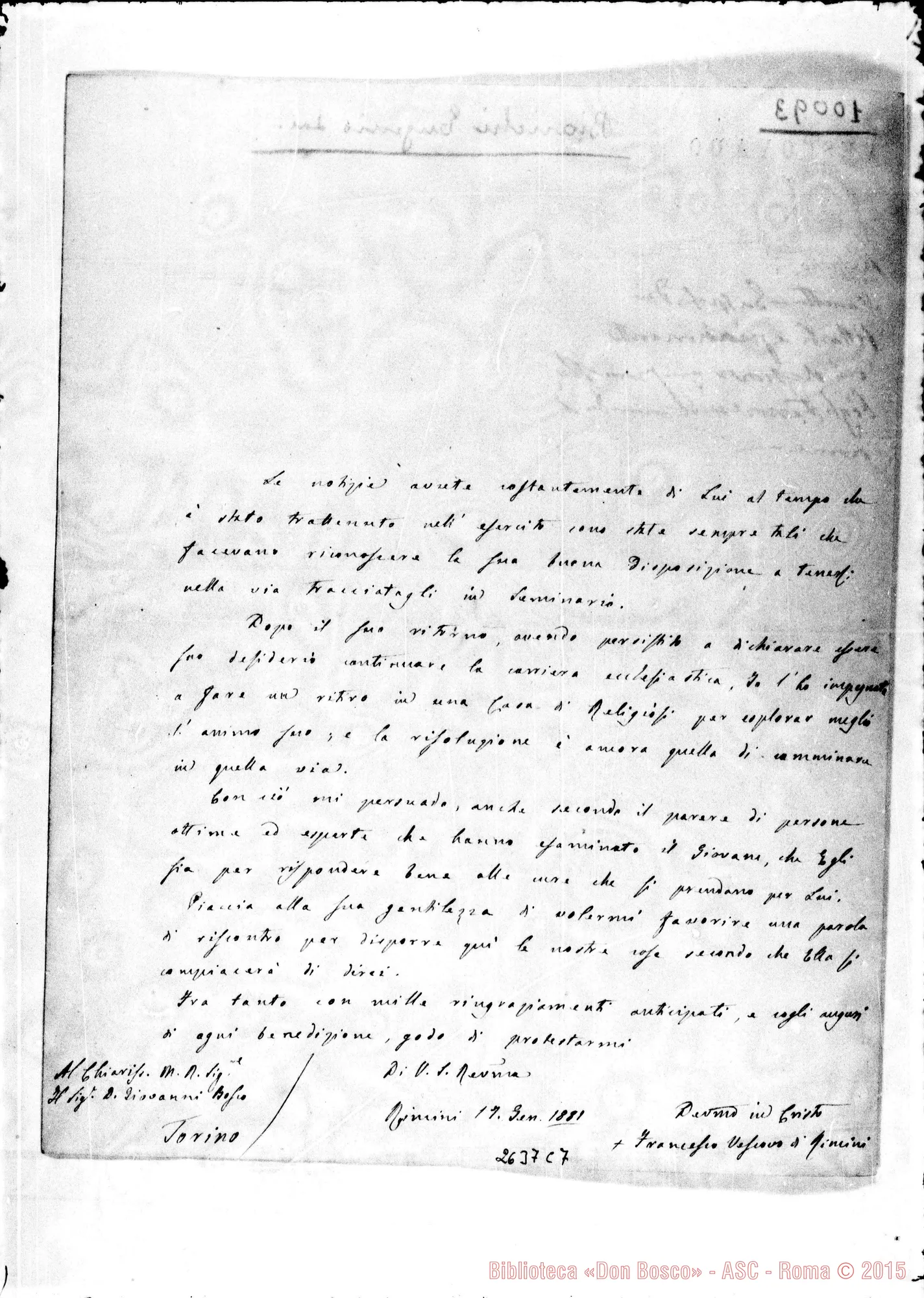 Fotogramma C 7 — Mons. Battaglini, vesc., su D. Bianchi E.. 17-01-1881. Autogr. Bosco
