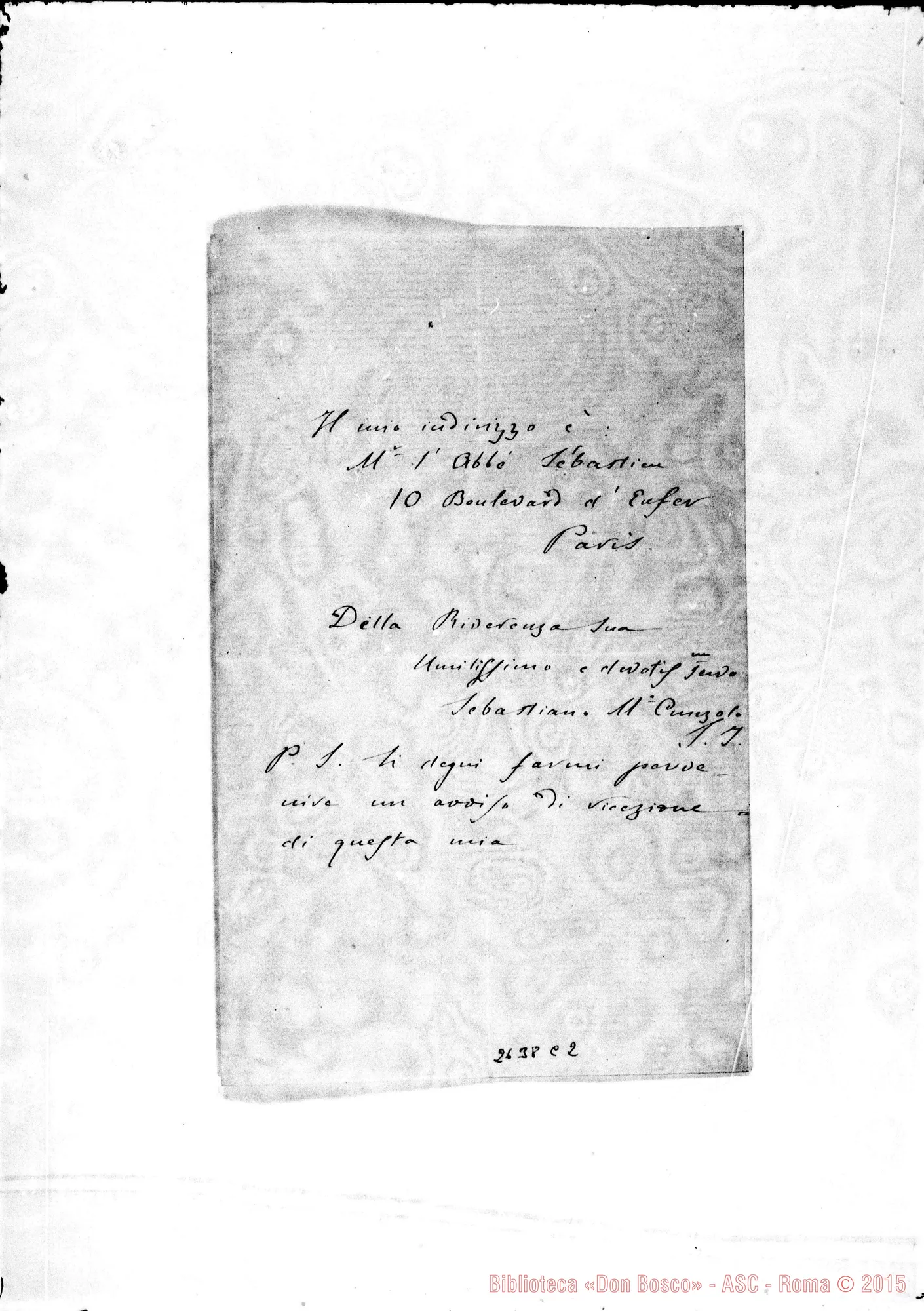 Fotogramma C 2 — Cunzolo Sebastiano M., sac. S.J.. Parigi, 26-08-1883. Autogr. Bosco