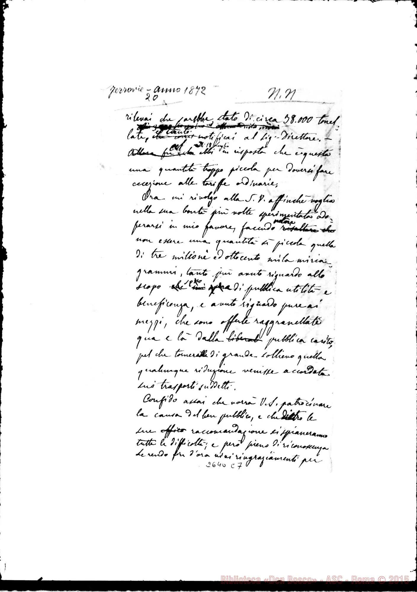 Fotogramma C 7 — Ill.mo Sig. Marchese. Torino, 7-08-1872. Minuta ms. autogr. con correz. E aggiunte autogr. Bosco