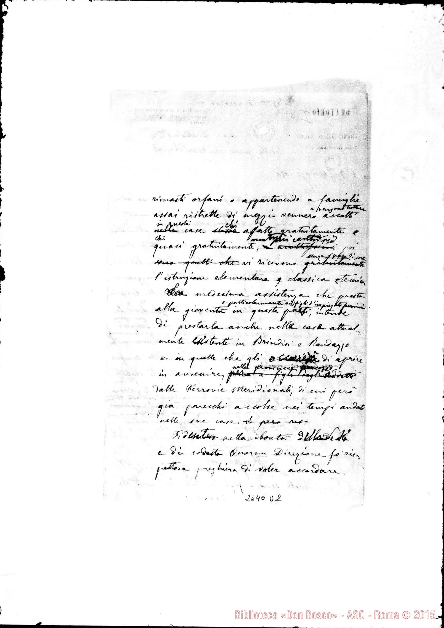 Fotogramma D 2 — Ill.mo Direttore delle Ferrovie Meridionali. Minuta ms. autogr. Rua con correz. autogr. Bosco. Torino, 19-01-1880
