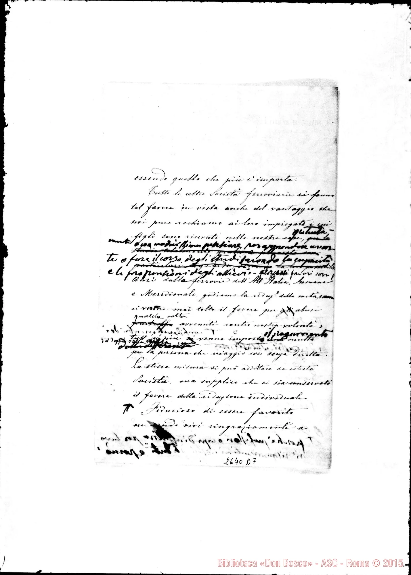 Fotogramma D 7 — Direttore Ferrovia Torino-Lanzo. Torino, 10-05-1880. Minuta ms. con correzioni ed aggiunte autogr. Bosco. Postilla autogr. Rua