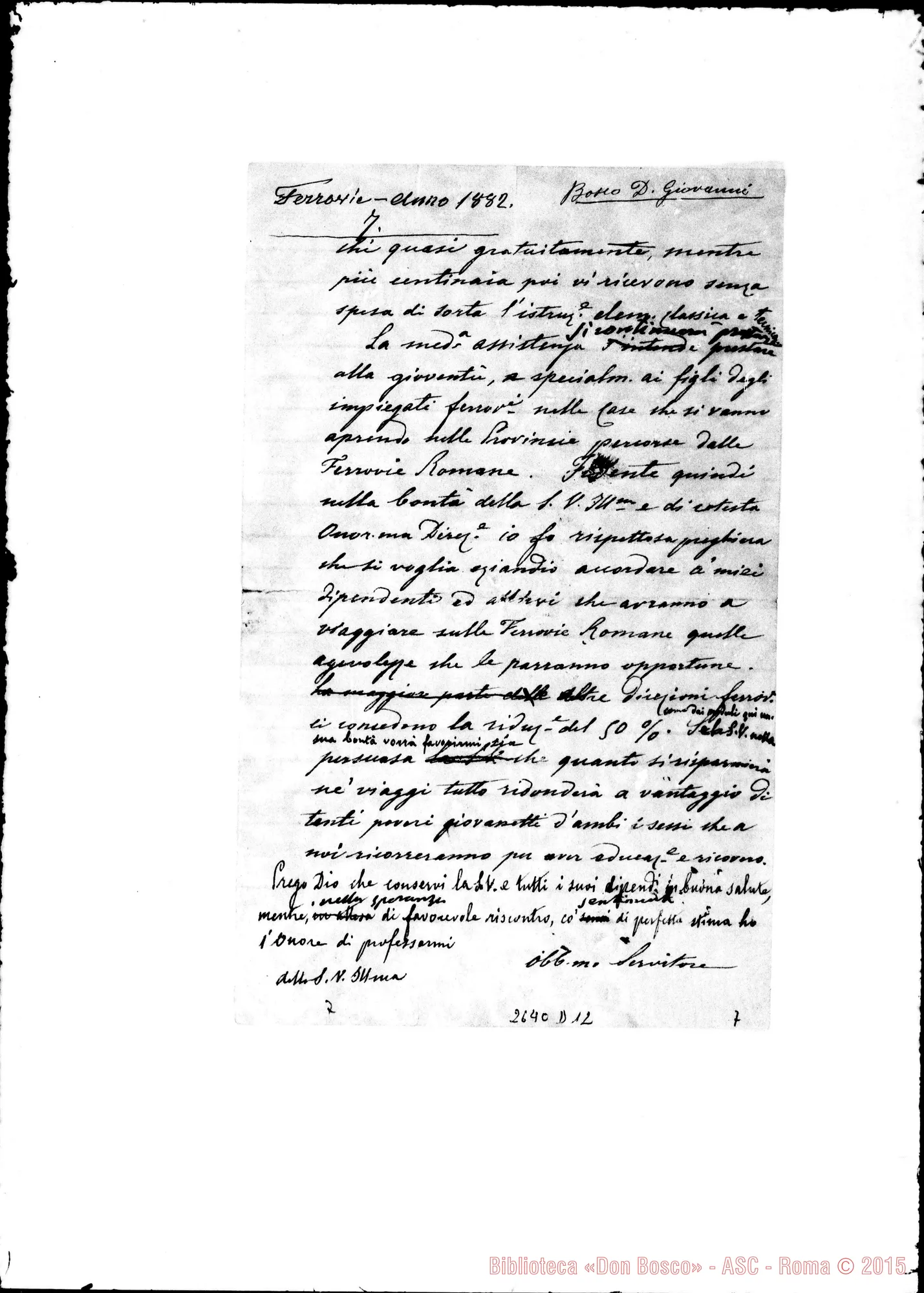 Fotogramma D 12 — Direttore delle Ferrovie Romane. Lug.1882. Minuta ms. con autogr. Bosco E Rua