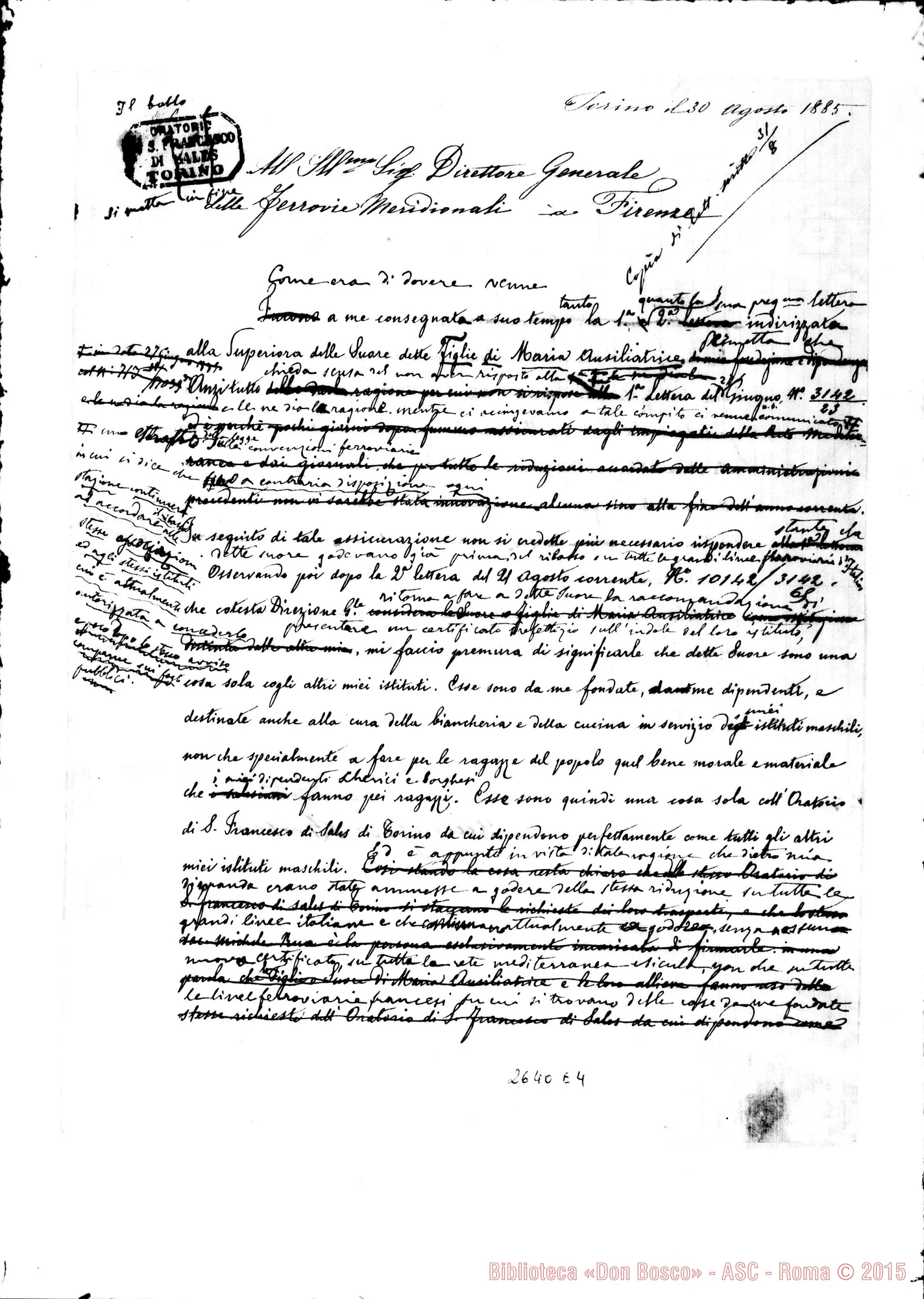 Fotogramma E 4 — Dirett. delle Ferrovie Meridionali. Minuta ms. autogr. Rua con firma autogr. Bosco. Torino, 30-08-1885