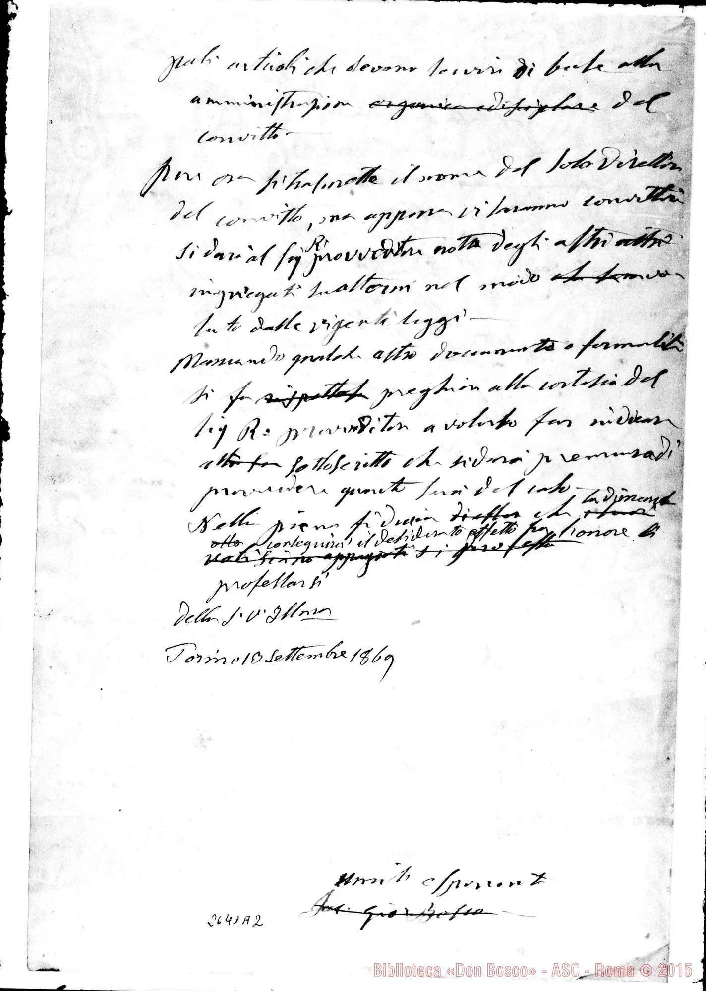 Fotogramma A 2 — Ill.mo Sig. Provveditore. Torino, 13-09-1869. Su Cherasco