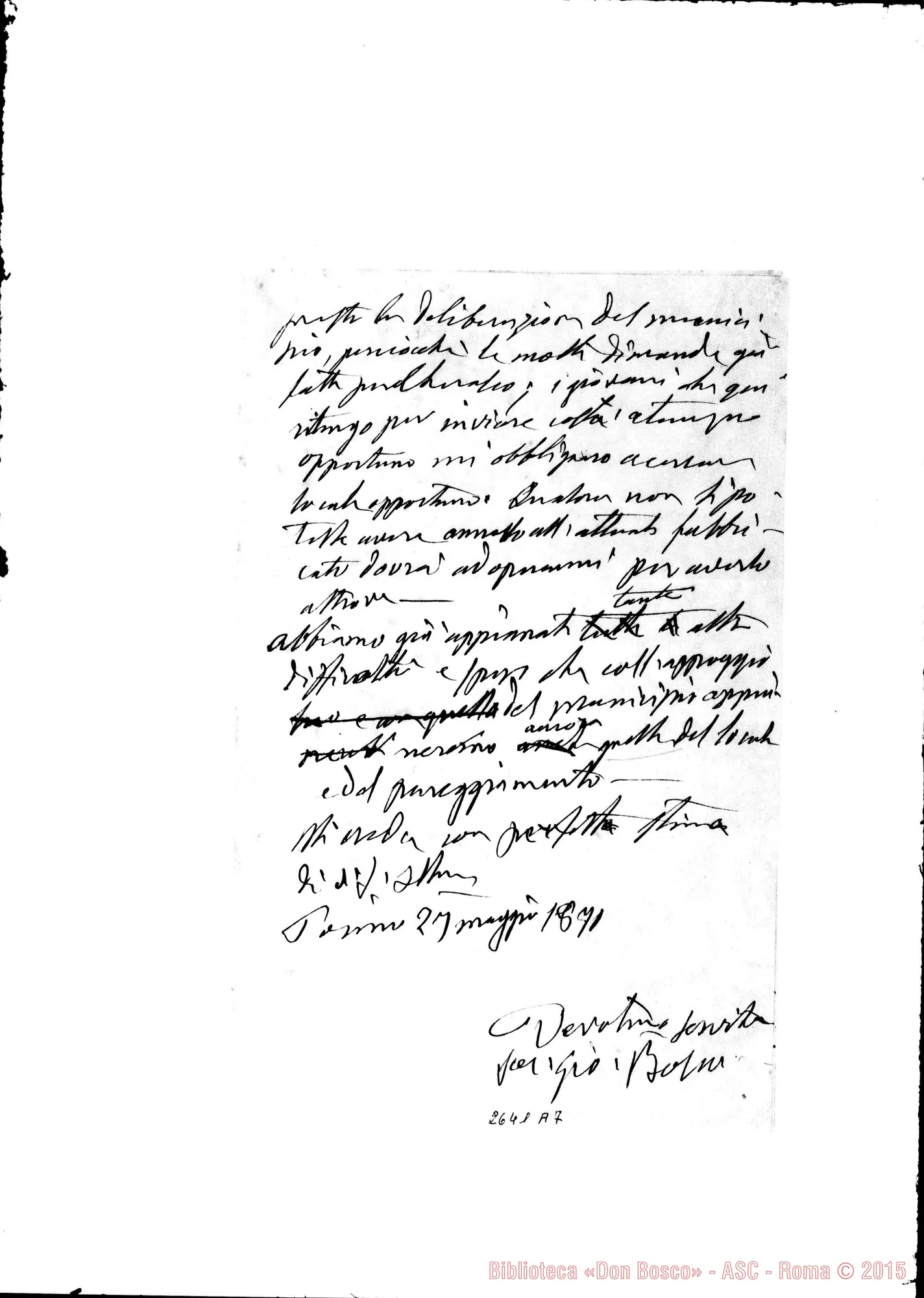 Fotogramma A 7 — Sindaci: Cherasco: Ill.mo Sig.. Torino, 27-05-1870. Minuta ms. autogr. Bosco