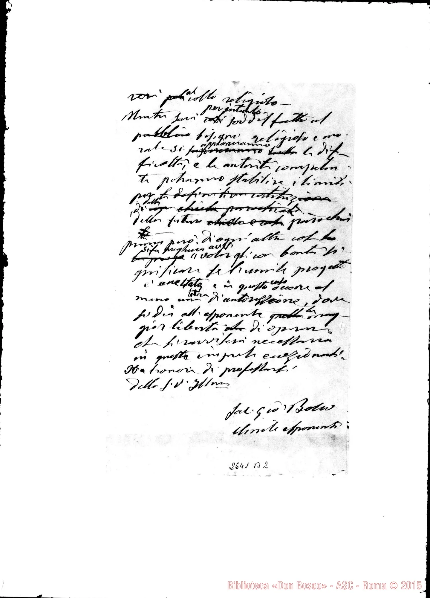 Fotogramma B 2 — Torino: Sindaco, il 3-06-1871. Ms. autogr. Bosco. Su S.Secondo