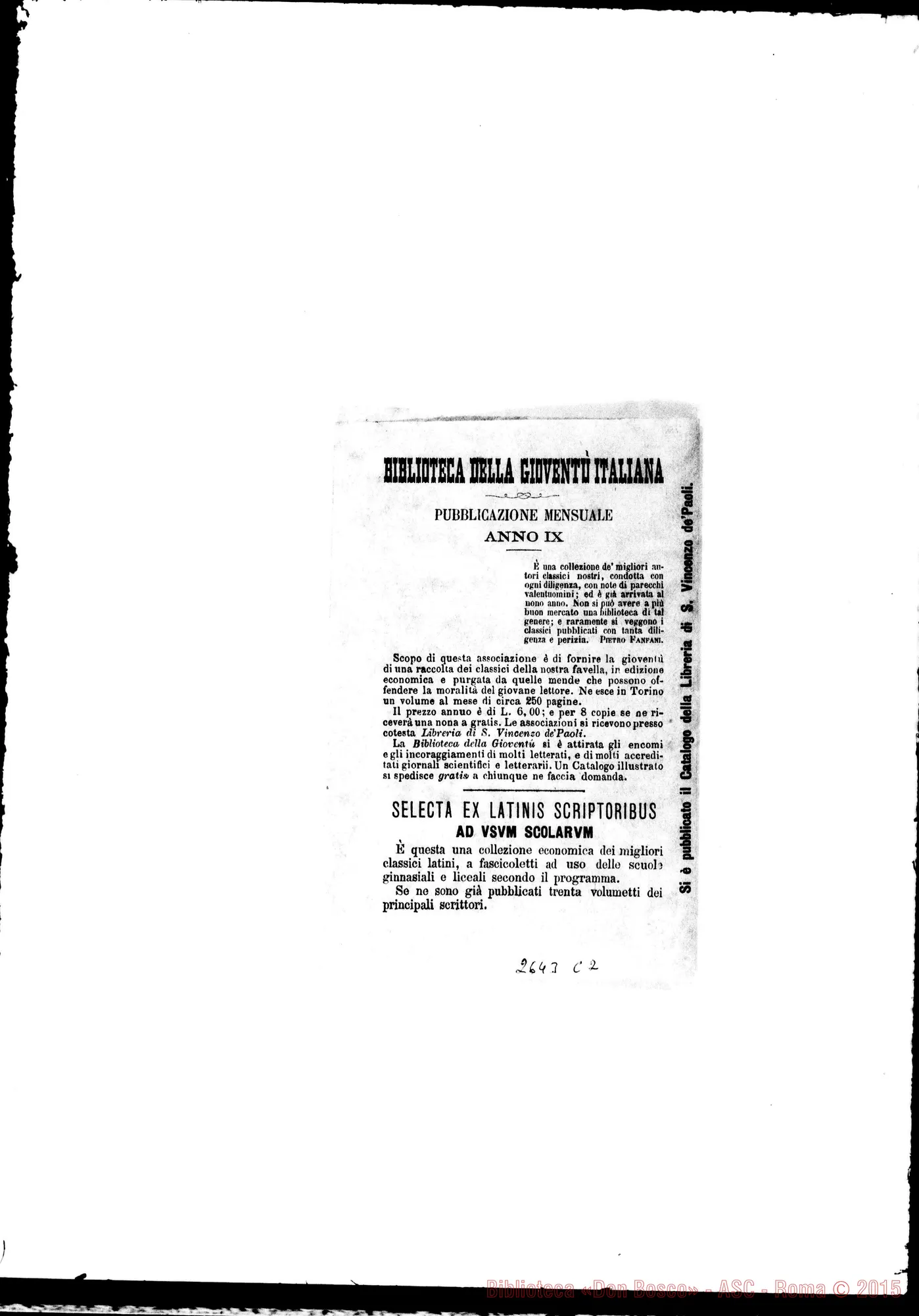 Fotogramma C 2 — Sulla tipografia di S. Vincenzo de’ Paoli: lotteria. Anno 1877. Stampato