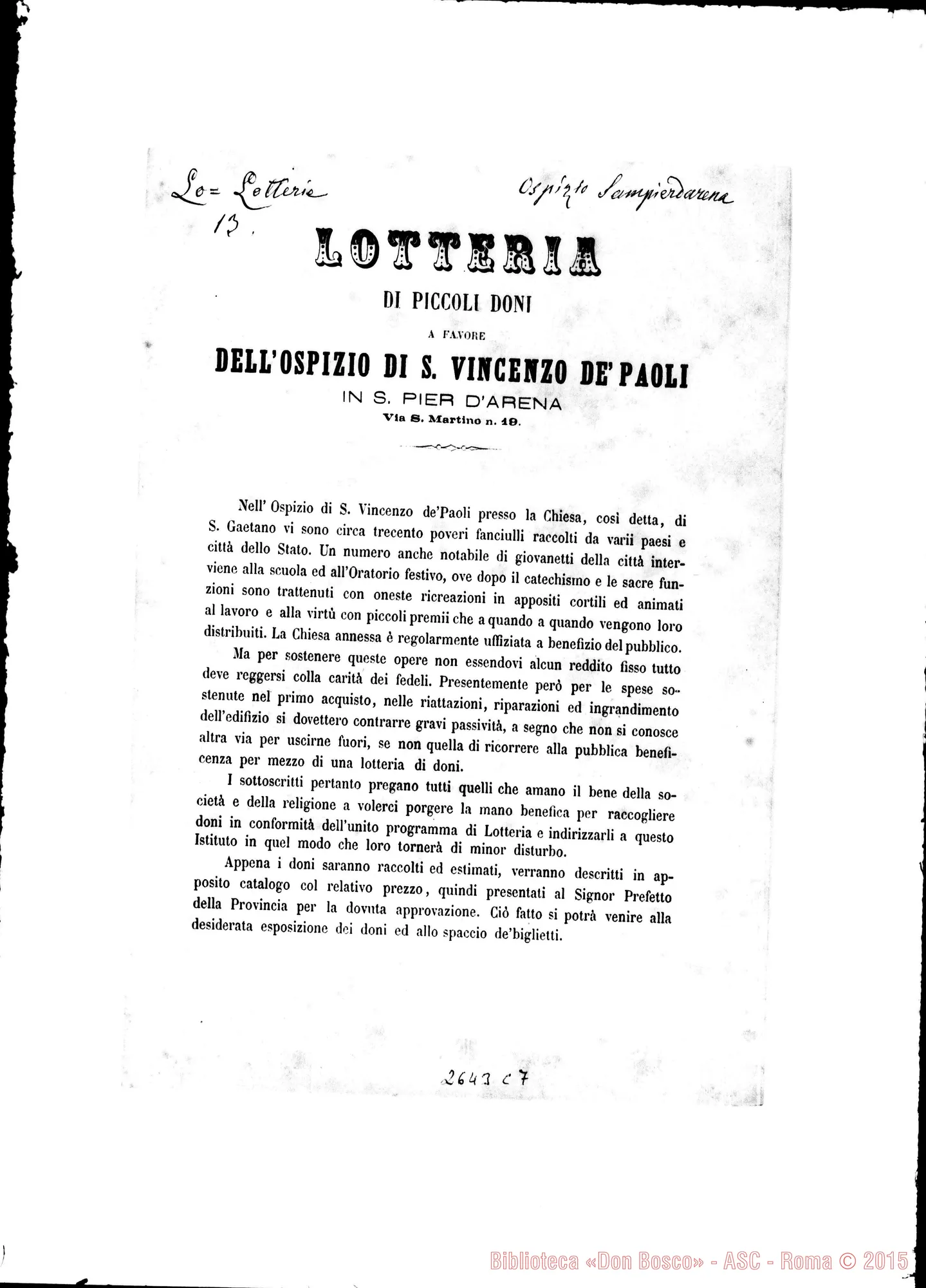 Fotogramma C 7 — Lotteria di piccoli doni. S. Vincenzo de’ Paoli. 1877. Stampato