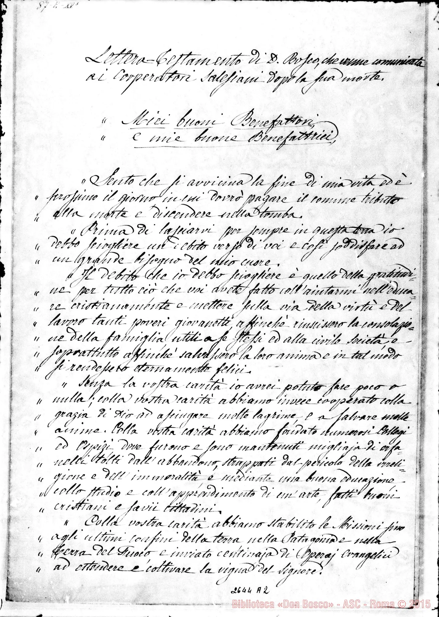 Fotogramma A 2 — Lettera testamento ai Cooperatori.