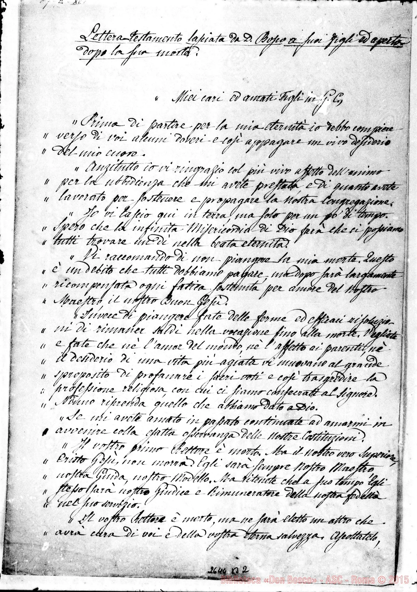 Fotogramma B 2 — Lettera testamento ai Salesiani. Anno 1888. Copia di D. Berto