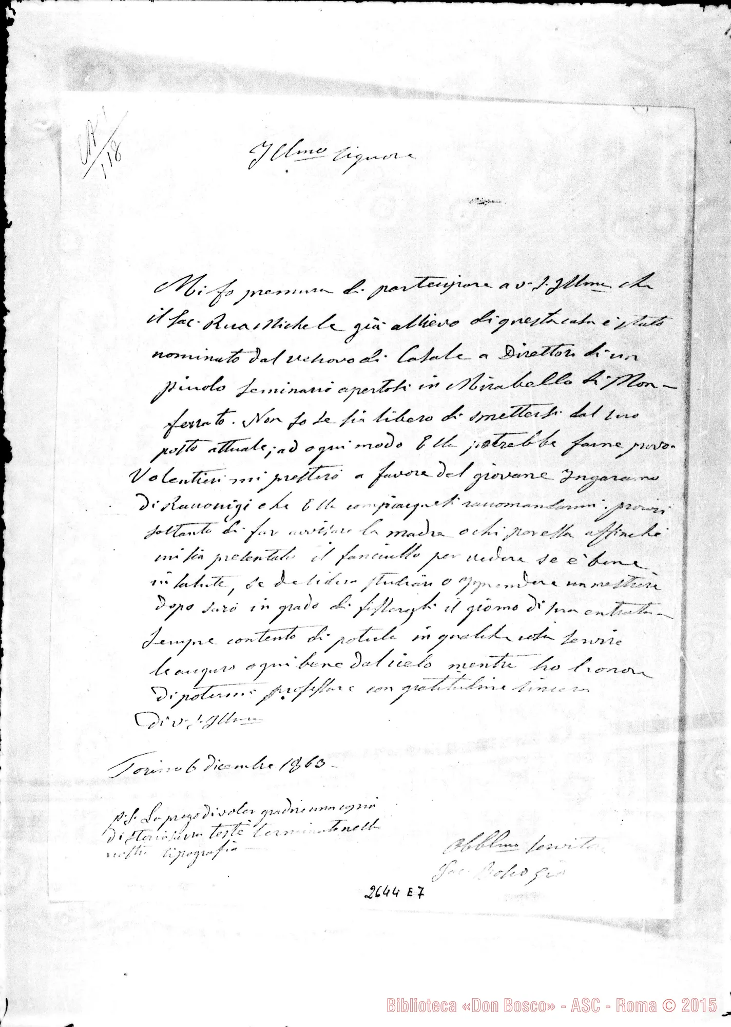 Fotogramma E 7 — Autorità: provveditore Selmi. Torino, 6-12-1863