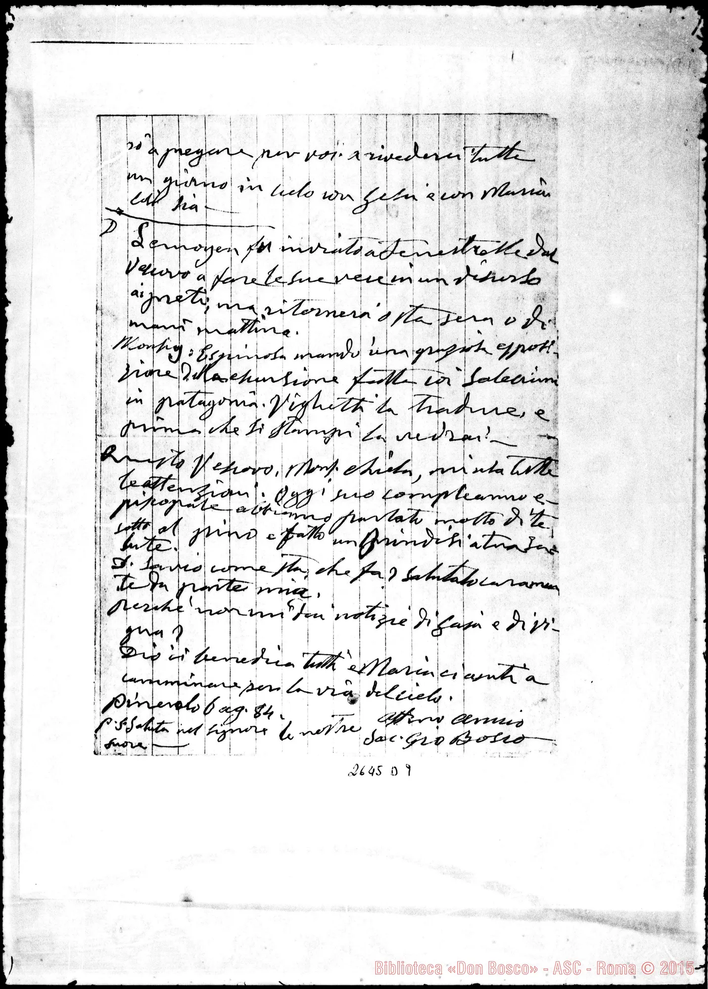 Fotogramma D 9 — Cagliero Giovanni, SDB. Pinerolo, 6-08-1884