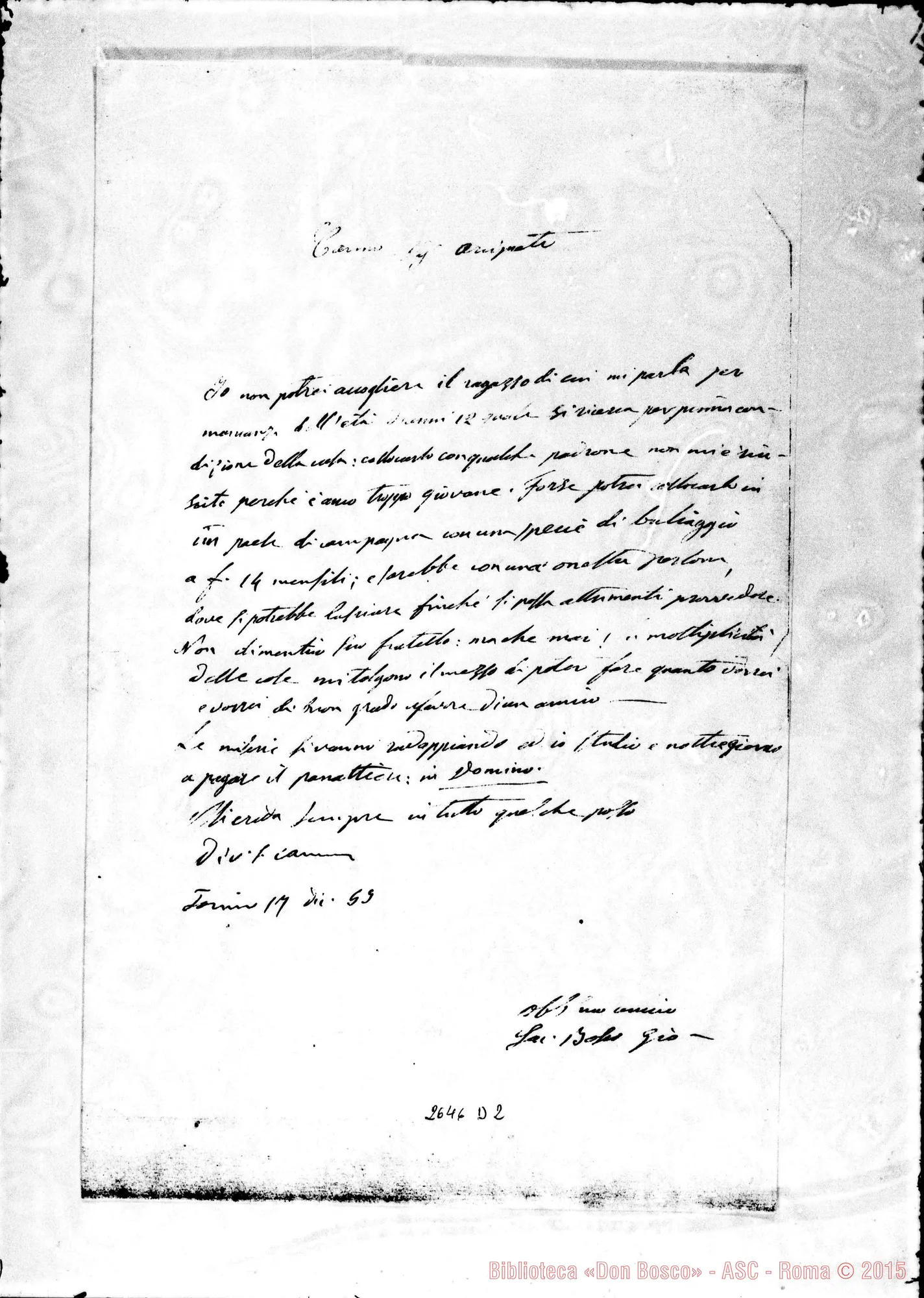 Fotogramma D 2 — De Gaudenzi Pietro Giuseppe, arciprete E vesc.. Torino, 17-12-1855