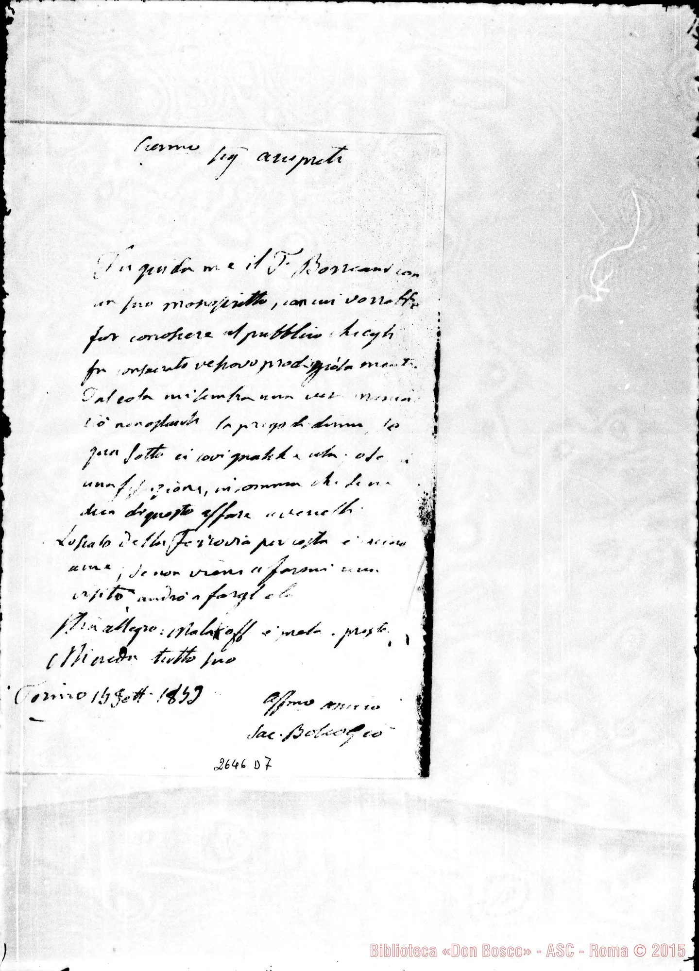 Fotogramma D 7 — De Gaudenzi Pietro Giuseppe, arciprete E vesc.. Torino, 15-09-1859