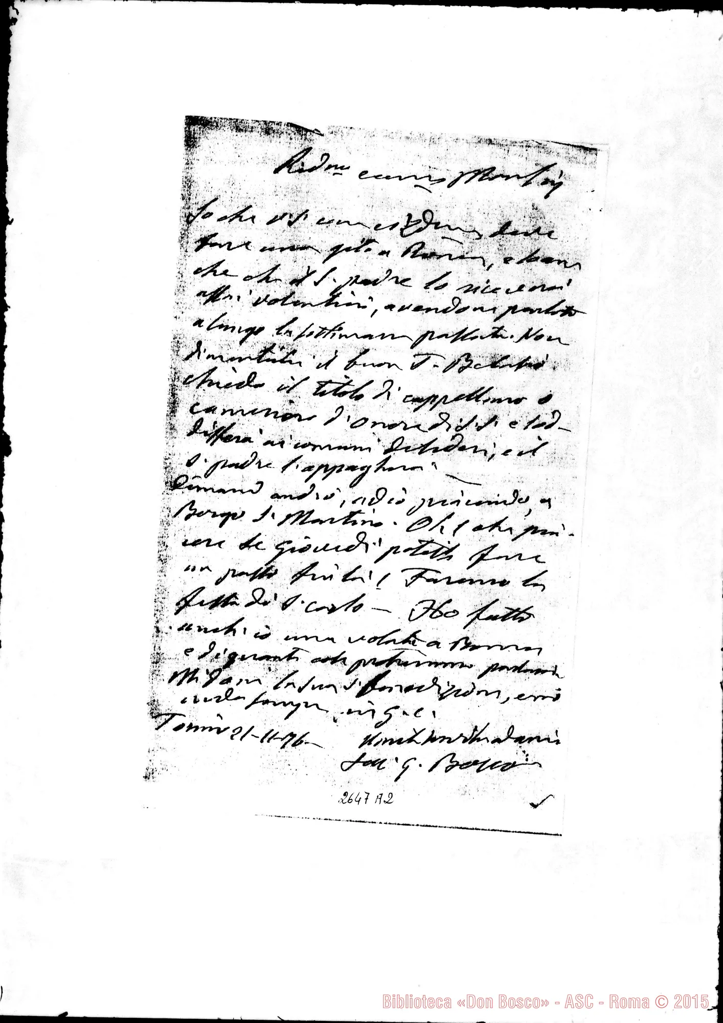 Fotogramma A 2 — De Gaudenzi Pietro Giuseppe, arciprete E vesc.. Torino, 21-11-1876