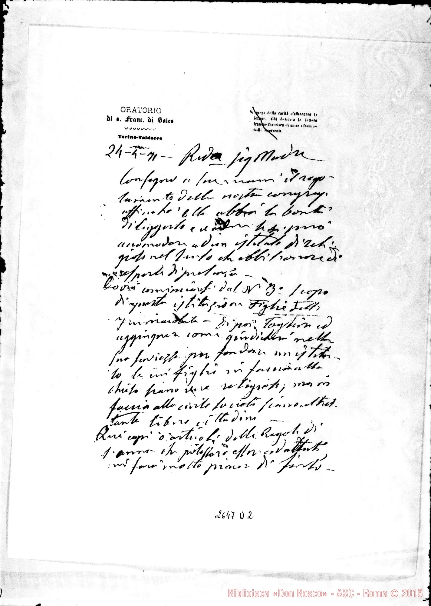 Fotogramma D 2 — Dominici Enrichetta, Madre Superiora delle Suore di S.Anna. Torino, 24-04-1871