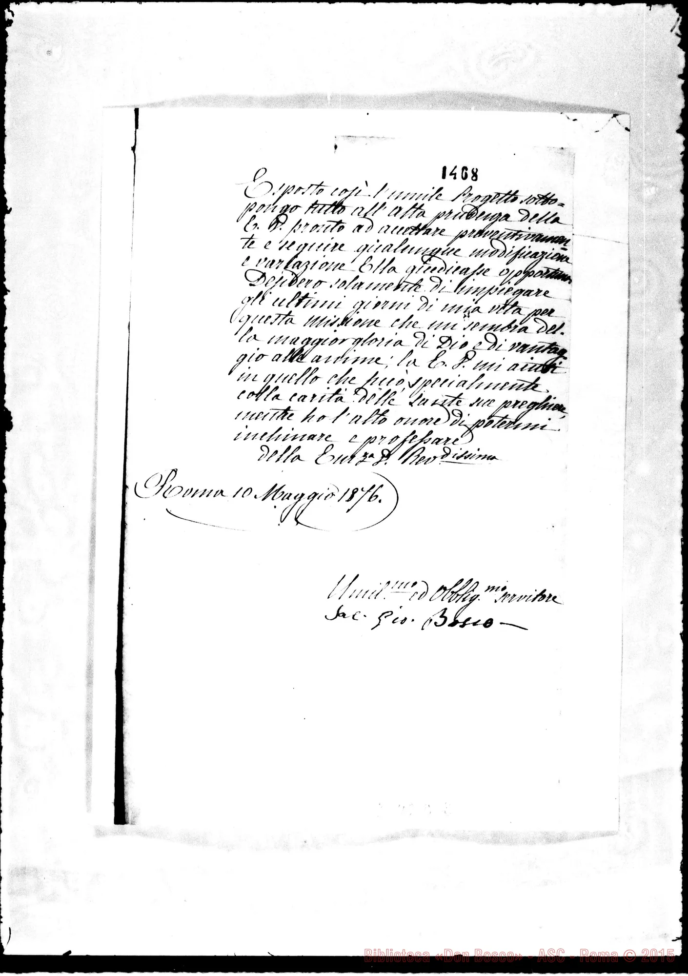 Fotogramma D 2 — Franchi Alessandro, card., Pref. di Pr.Fide. Promemoria di un progetto sulla Patagonia. Roma, 10-05-1876