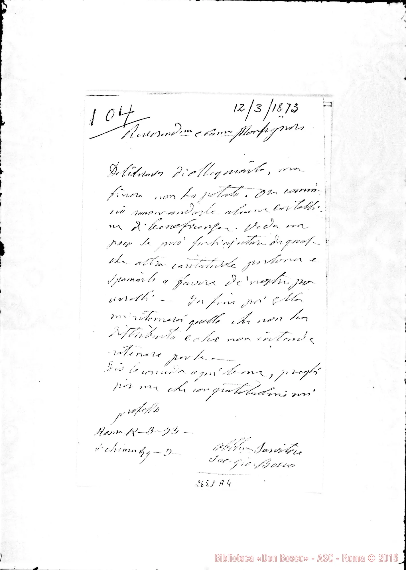 Fotogramma A 4 — Kirby Tobia, mons.. Roma, 12-03-1873