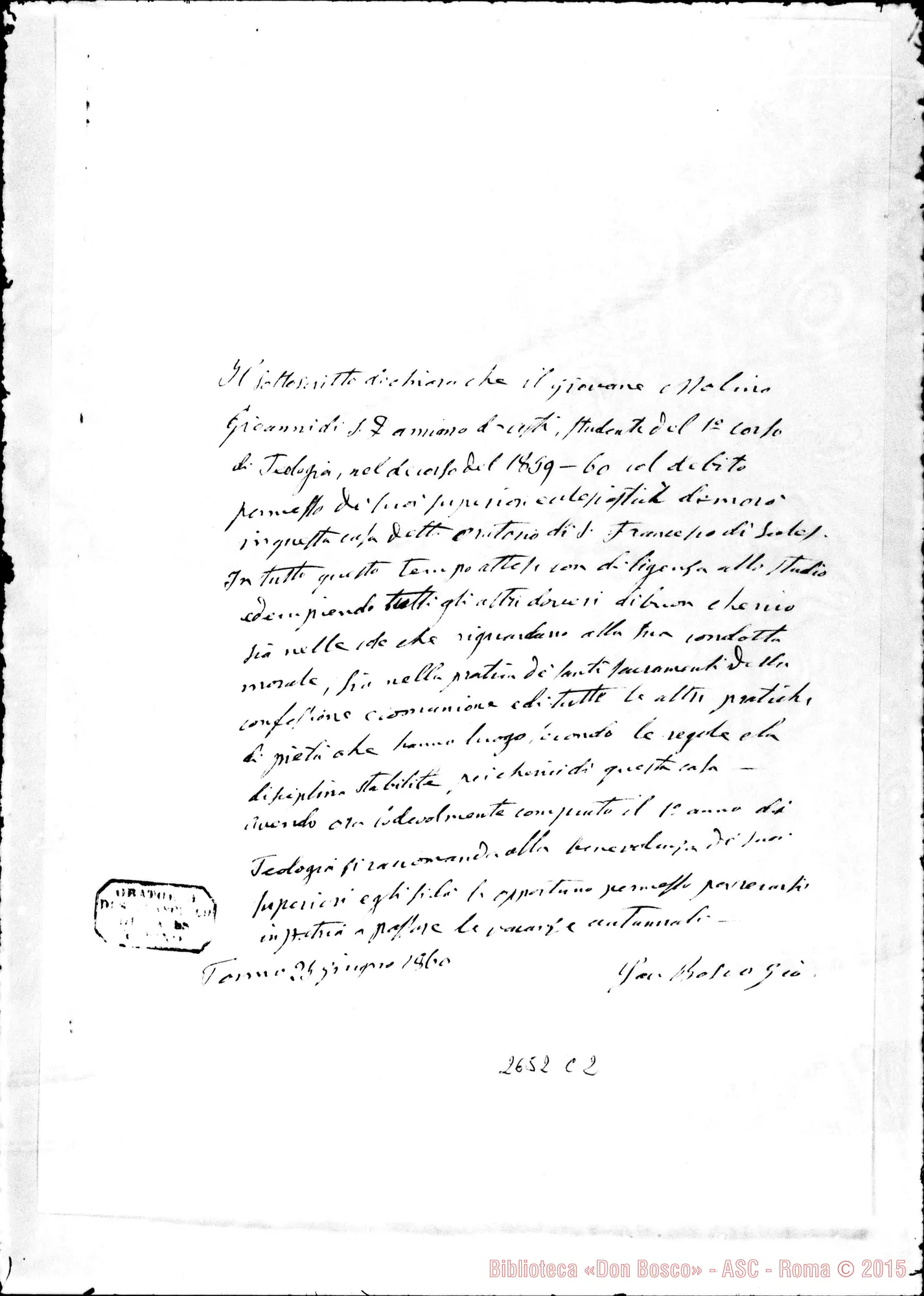 Fotogramma C 2 — Molino Giovanni, studente seminarista. Torino, 25-06-1860