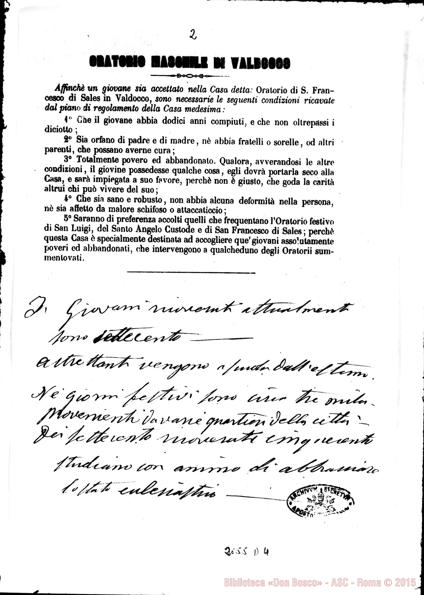 Fotogramma D 4 — D. Bosco: Norme per l’accettazione dei giovani. Stampato E ms. Bosco
