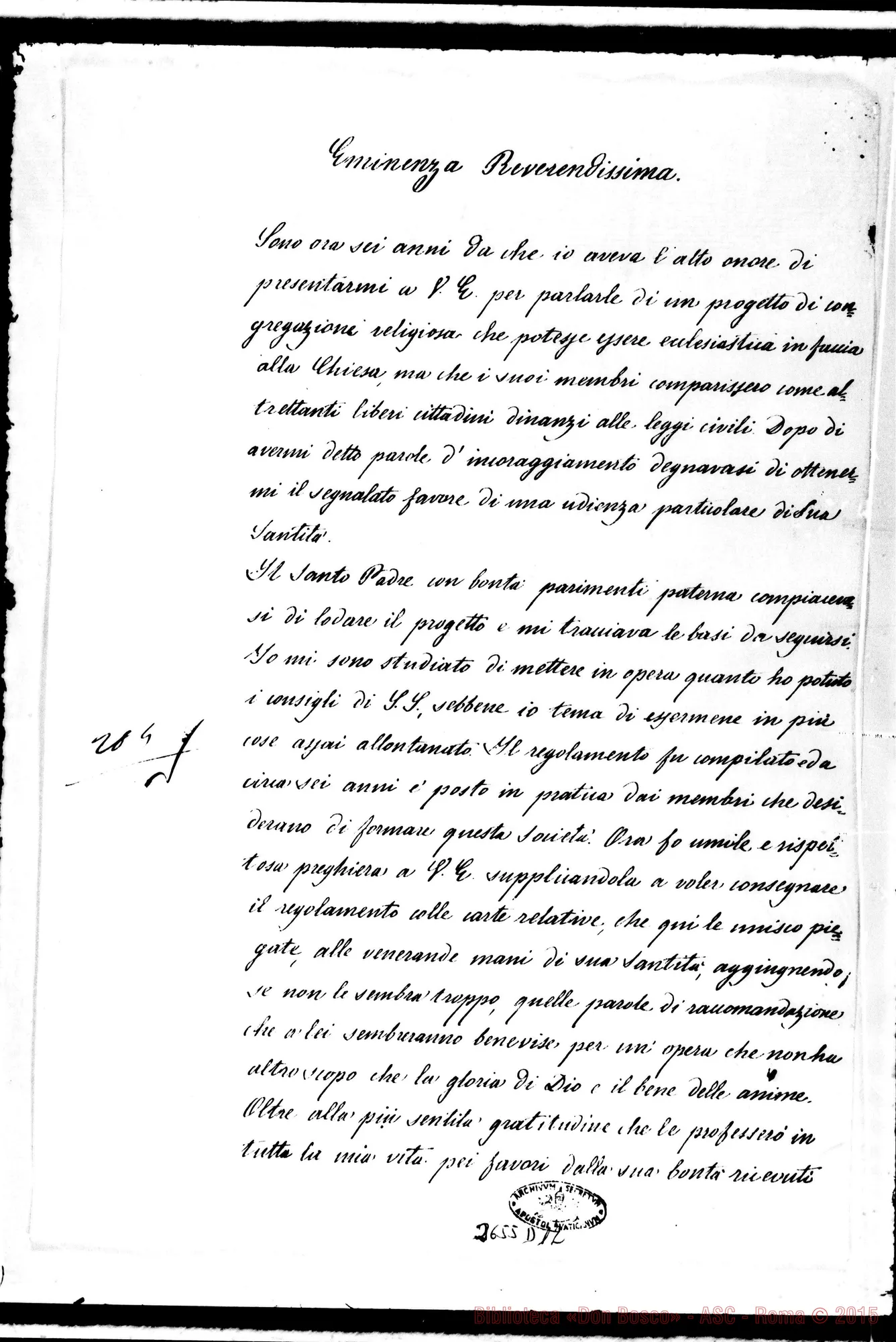 Fotogramma D 12 — D. Bosco - Eminenza Rev.ma (Antonelli). Torino, 12-02-1864. Fondare Congregazione.