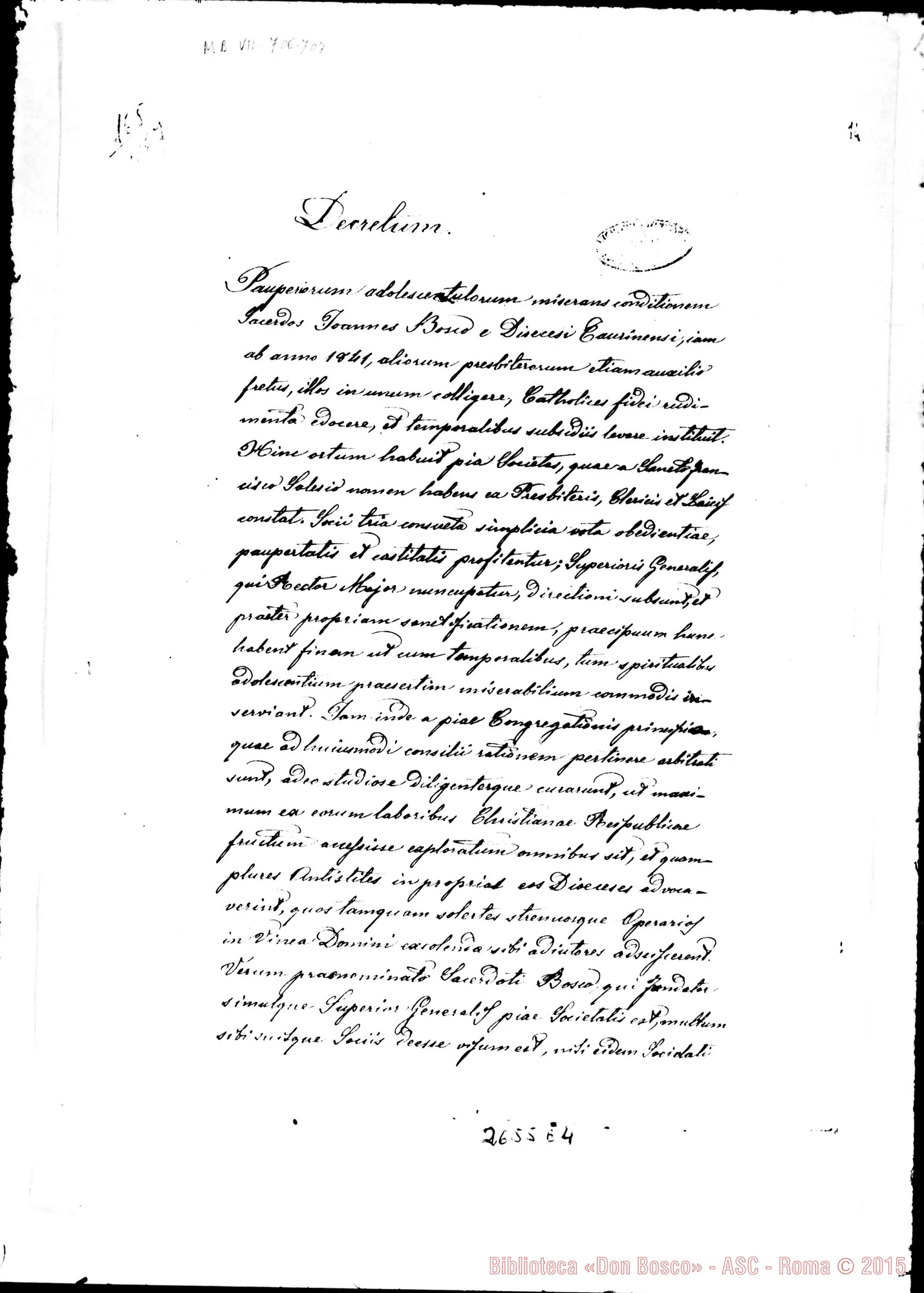 Fotogramma E 4 — Stanislao Svegliati: Decr. Collaudazione della Soc.Salesiana. 1864