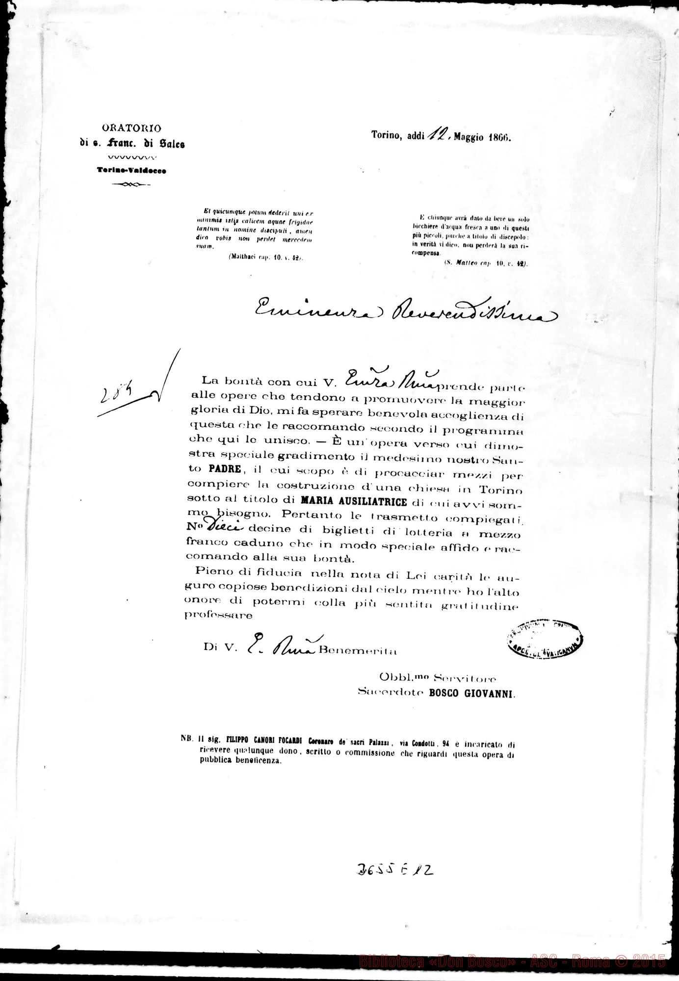 Fotogramma E 12 — D. Bosco - Card. Antonelli. Circolare. Torino, 12-05-1866
