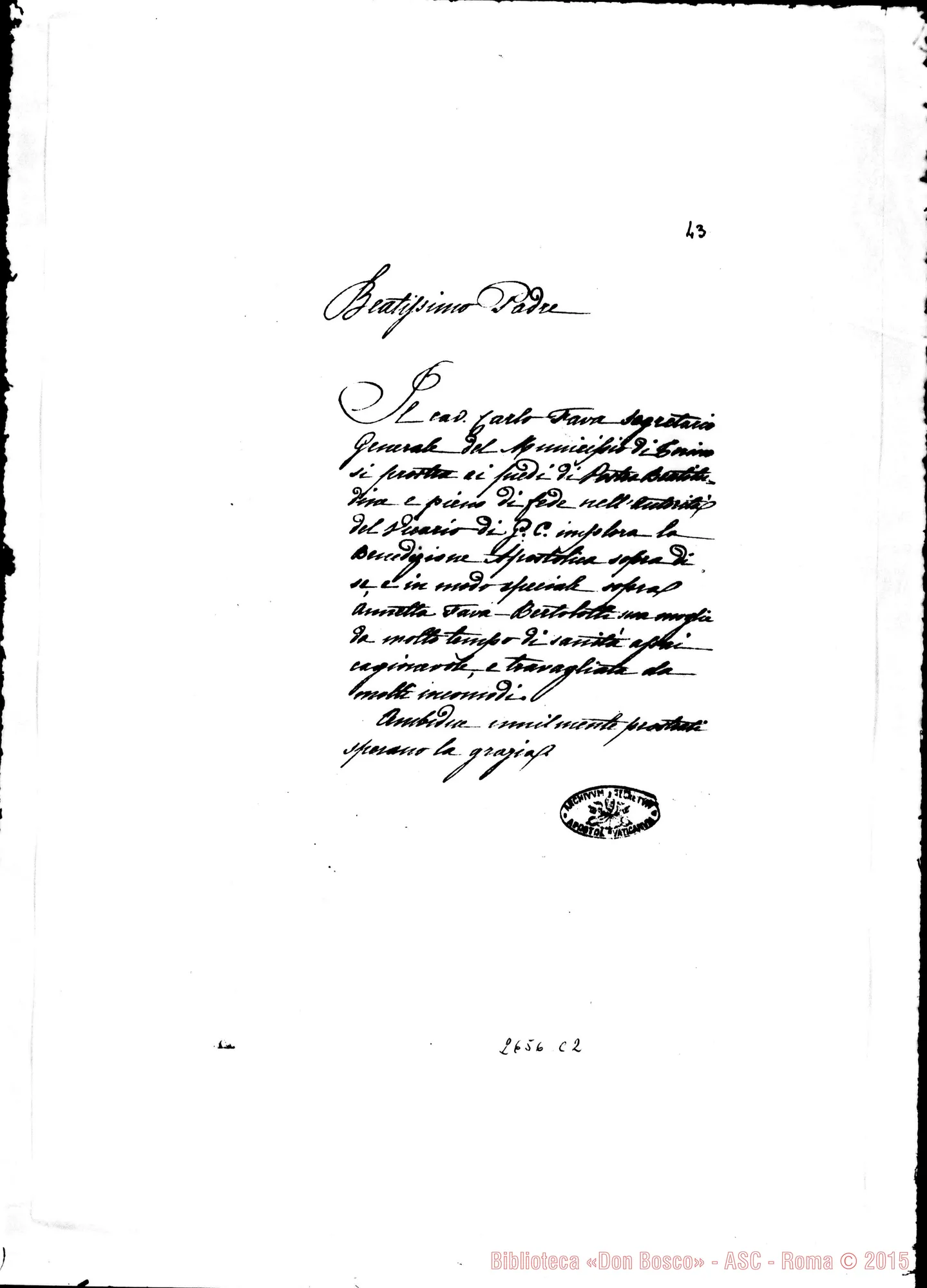 Fotogramma C 2 — D. Bosco - Antonelli G., card.. Torino, 12-07-1873. Per benediz. apost. A Fava.