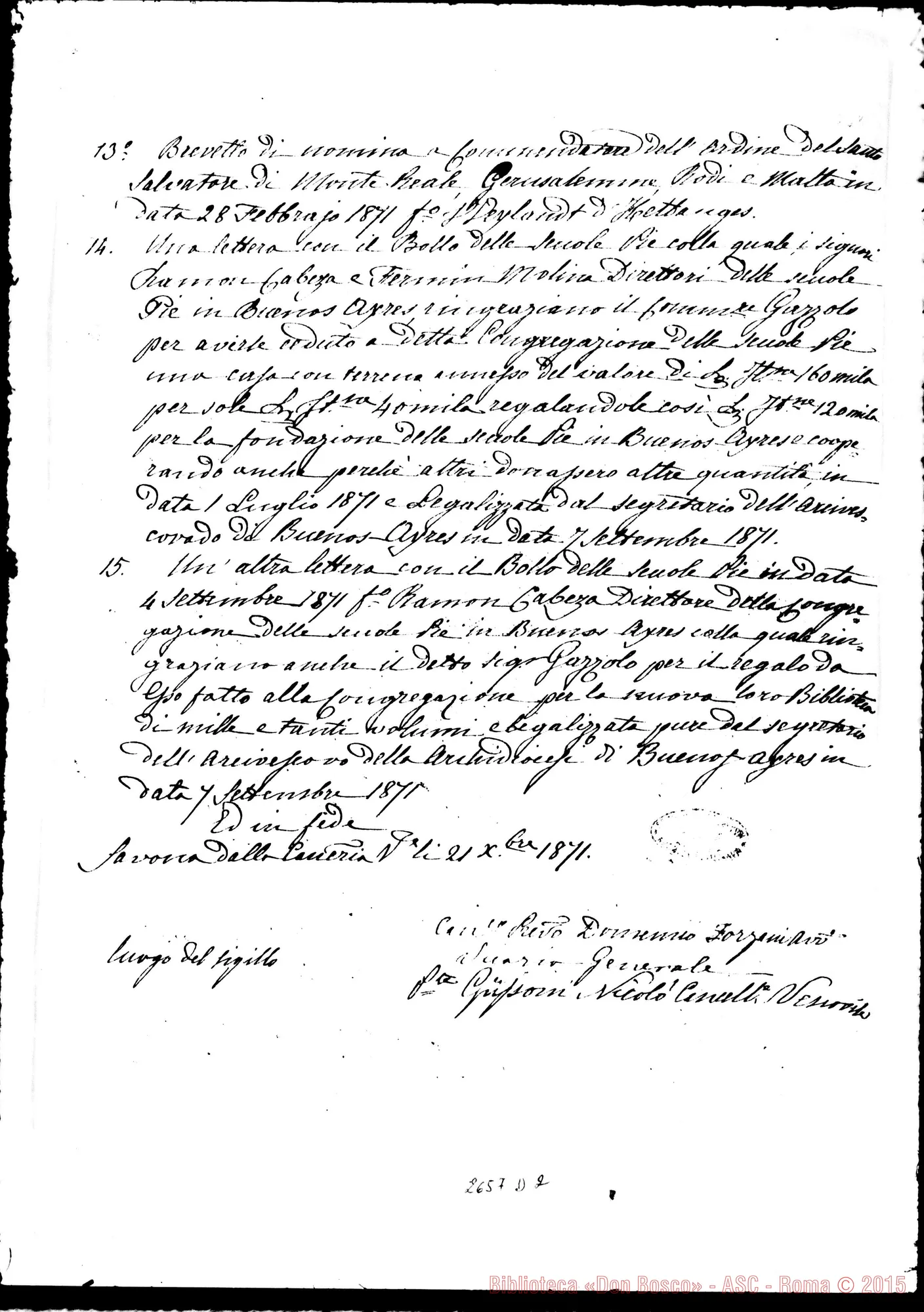Fotogramma D 2 — Vicario Gen. di Savona: dichiarazione sul Gazzolo. 1871