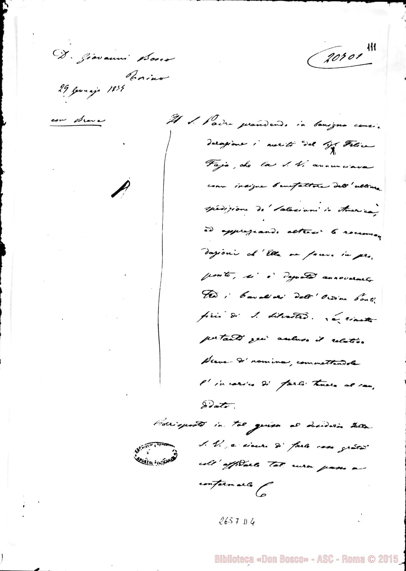 Fotogramma D 4 — Faja Felice: D. Bosco chiede onorificenza. Con risposta, 1877
