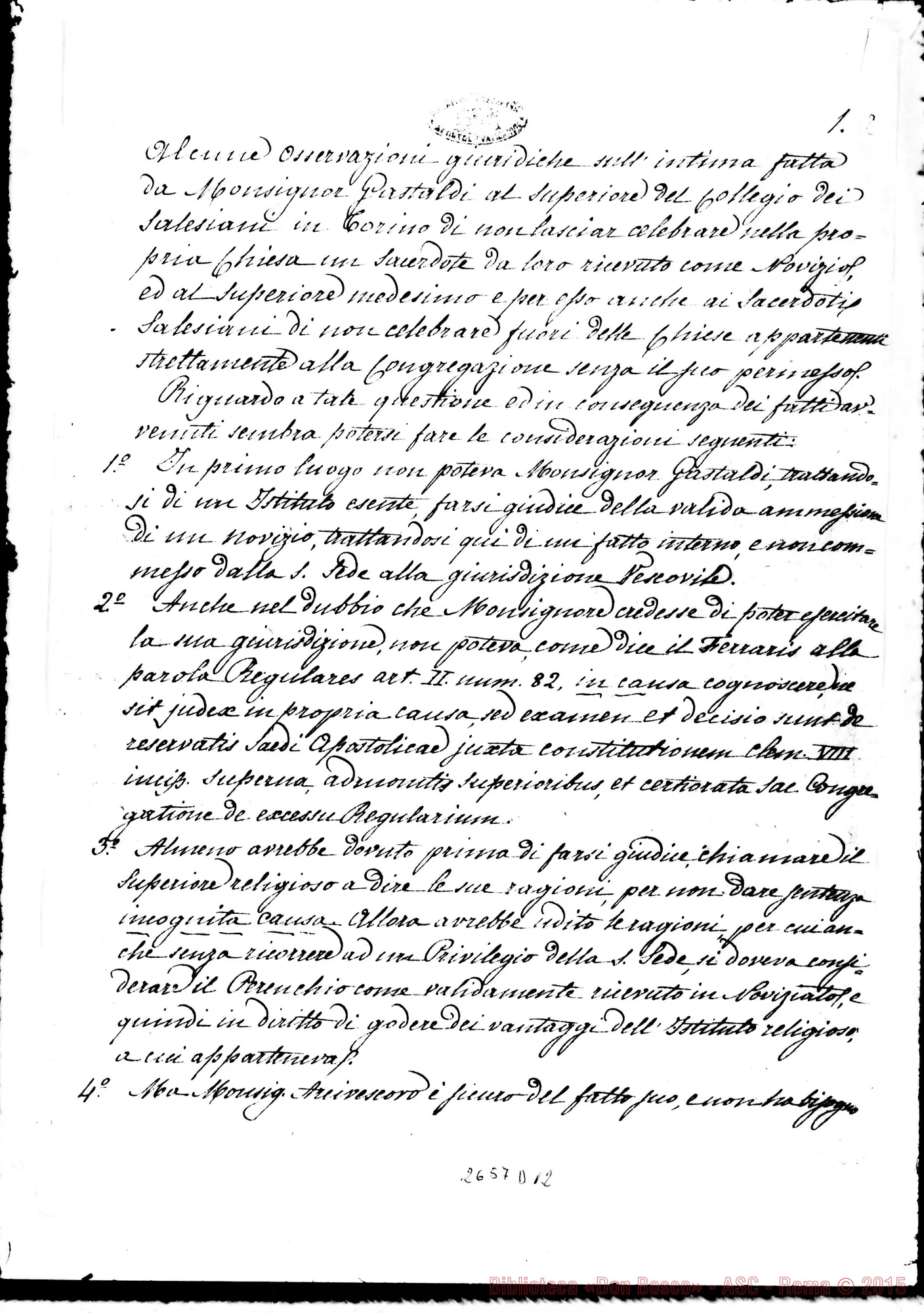 Fotogramma D 12 — Osservazioni giuridiche sulla intimazione fatta da Mons. Gastaldi. Ms. di D. Berto con correz. autogr. Bosco