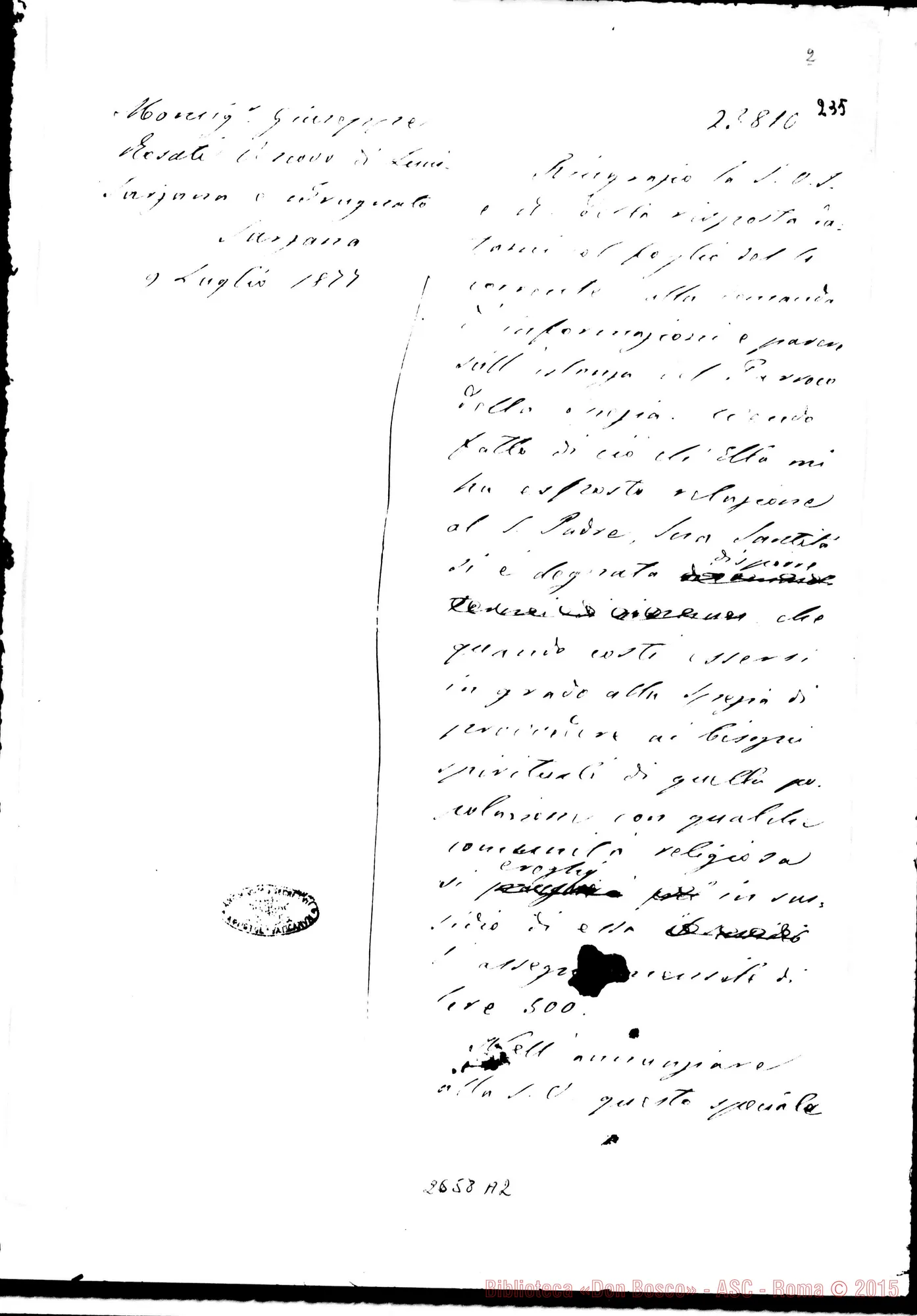 Fotogramma A 2 — La Spezia: Giuseppe Rosati, vesc. di Sarzana - Card., il 4-07-1877